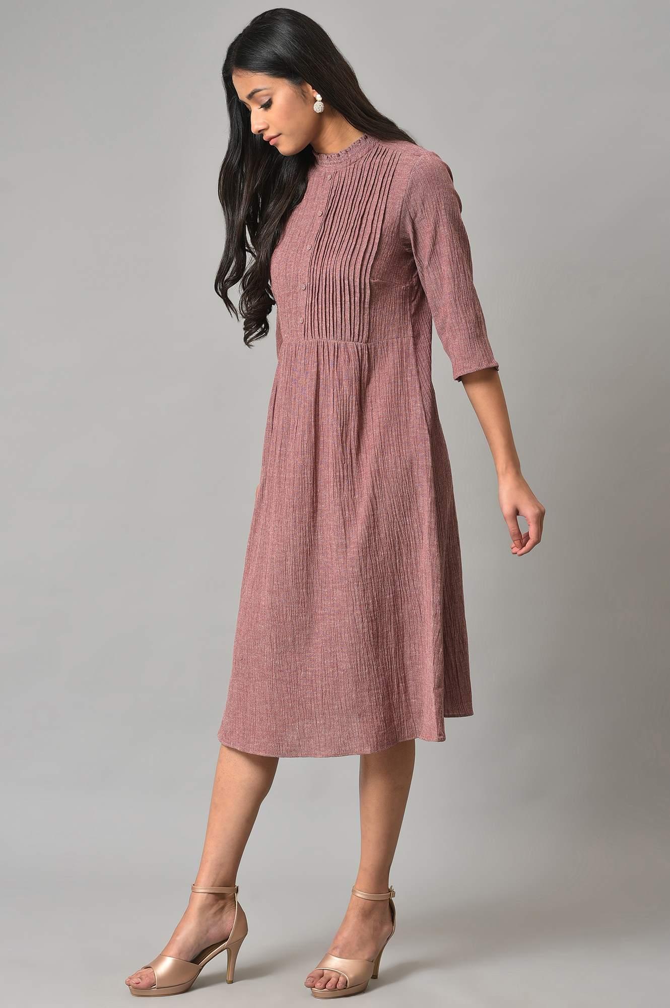 Dark Pink A-Line Cotton Dress With Pintucks - wforwoman