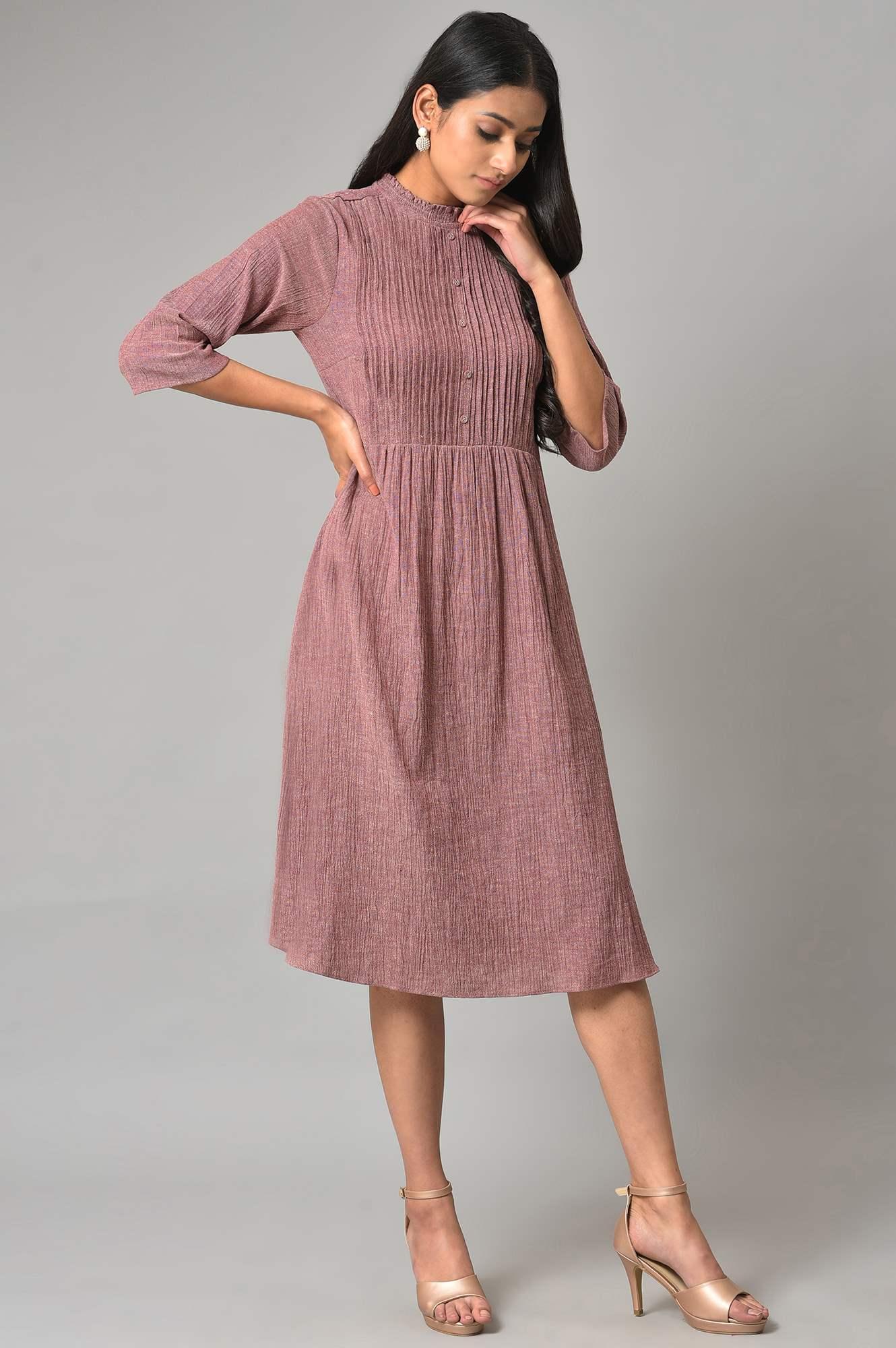 Dark Pink A-Line Cotton Dress With Pintucks - wforwoman
