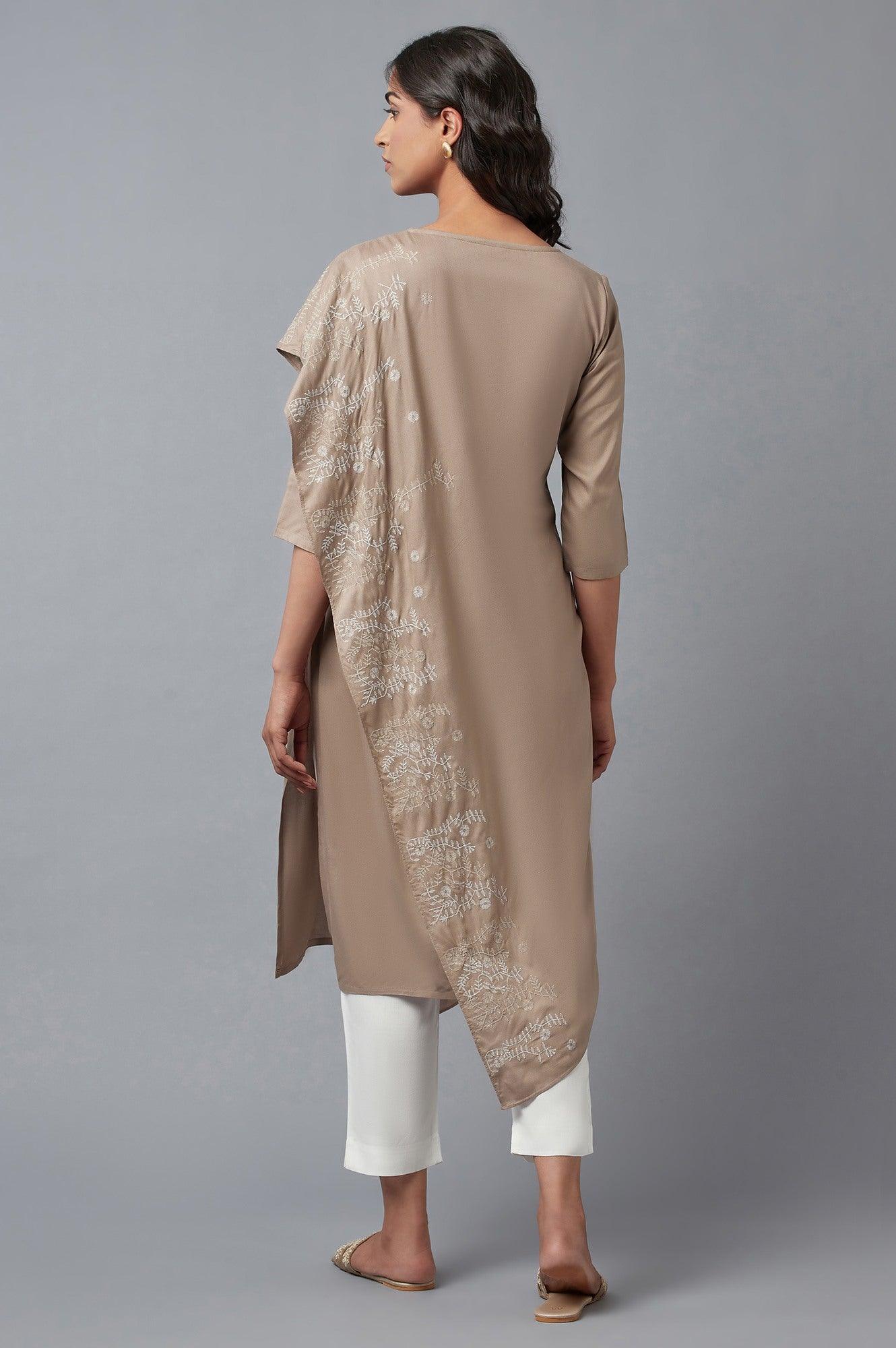 Beige Saree draped kurta In V-Neck With Thread Embroidery - wforwoman
