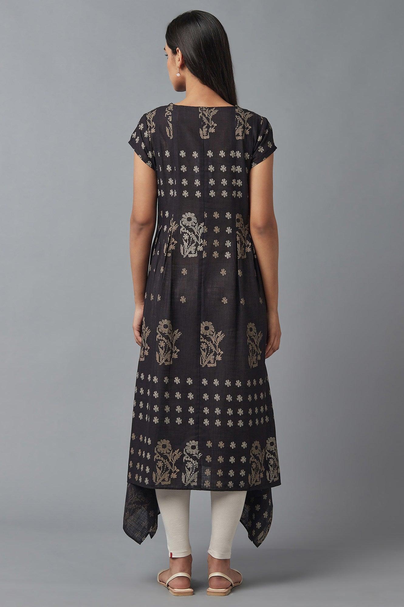 Black Flared kurta In Floral Print and Side Dipped Hemline - wforwoman
