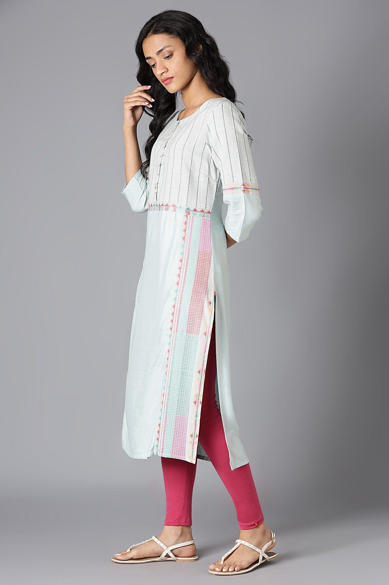 Pale Blue Cotton Dobby kurta In Round Neck - wforwoman