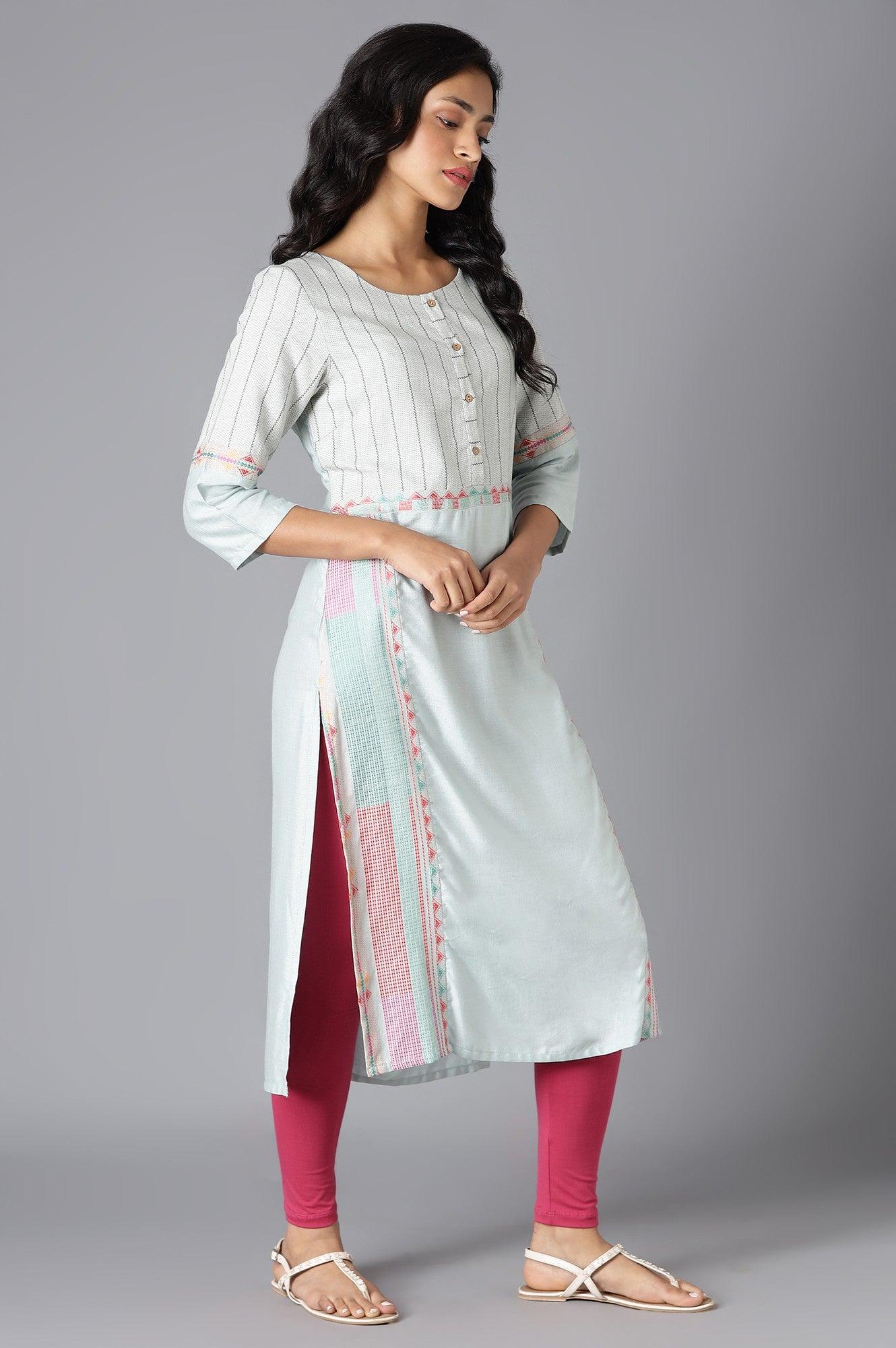 Pale Blue Cotton Dobby kurta In Round Neck - wforwoman