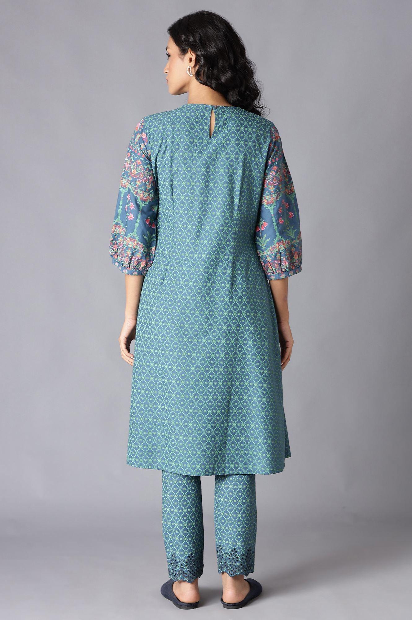 Deep Teal Floral Pleated kurta In Round Neck - wforwoman