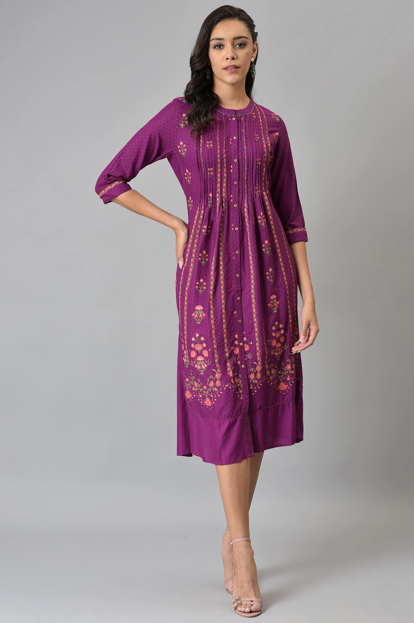 Dark Purple Floral Button Down Dress With Bead Work - wforwoman