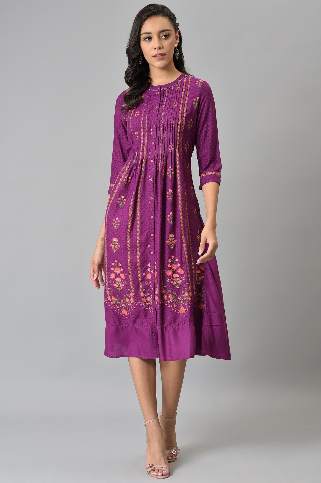 Dark Purple Floral Button Down Dress With Bead Work - wforwoman