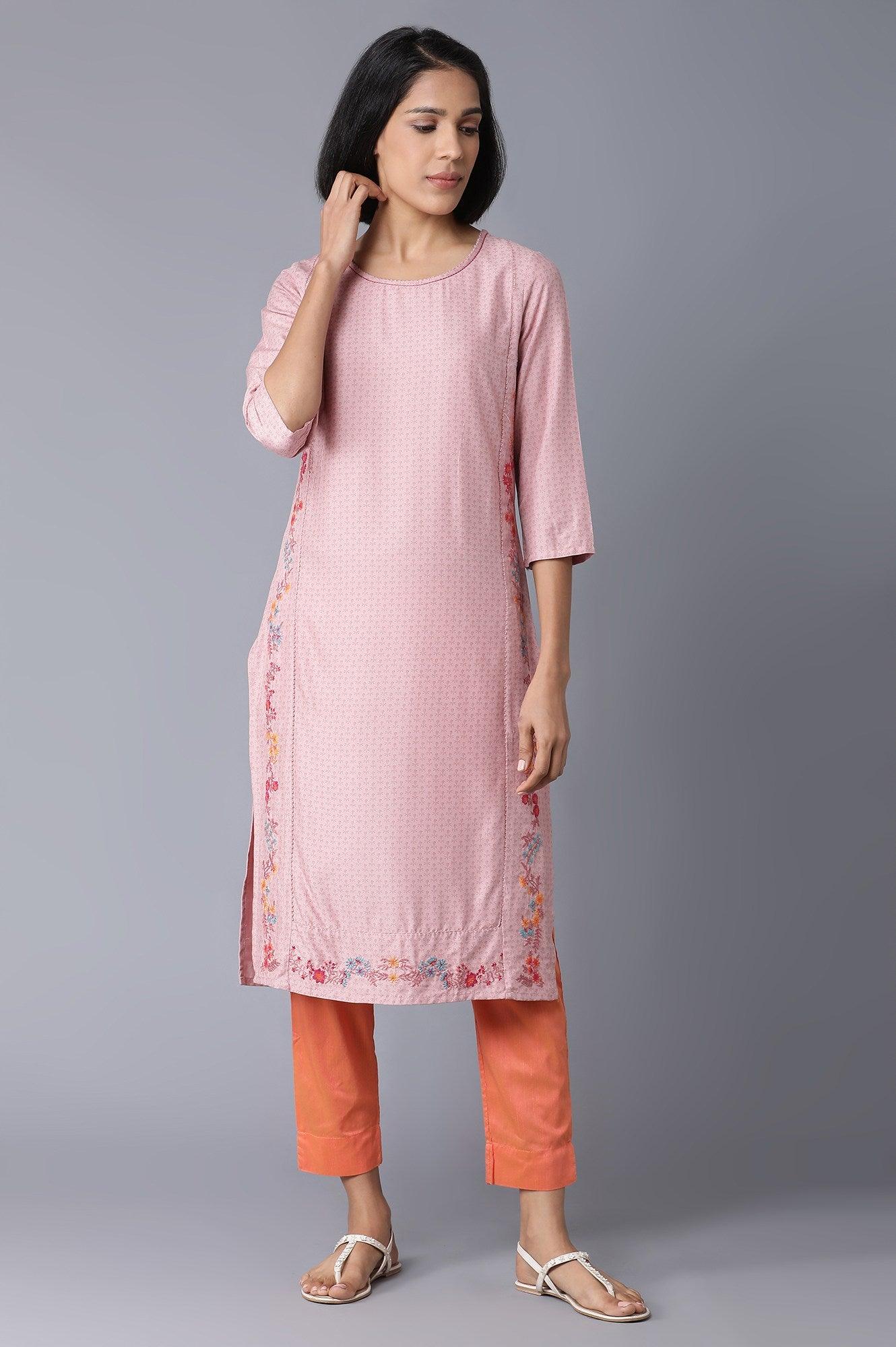 Light Pink Floral Print kurta With Thread Embroidery - wforwoman