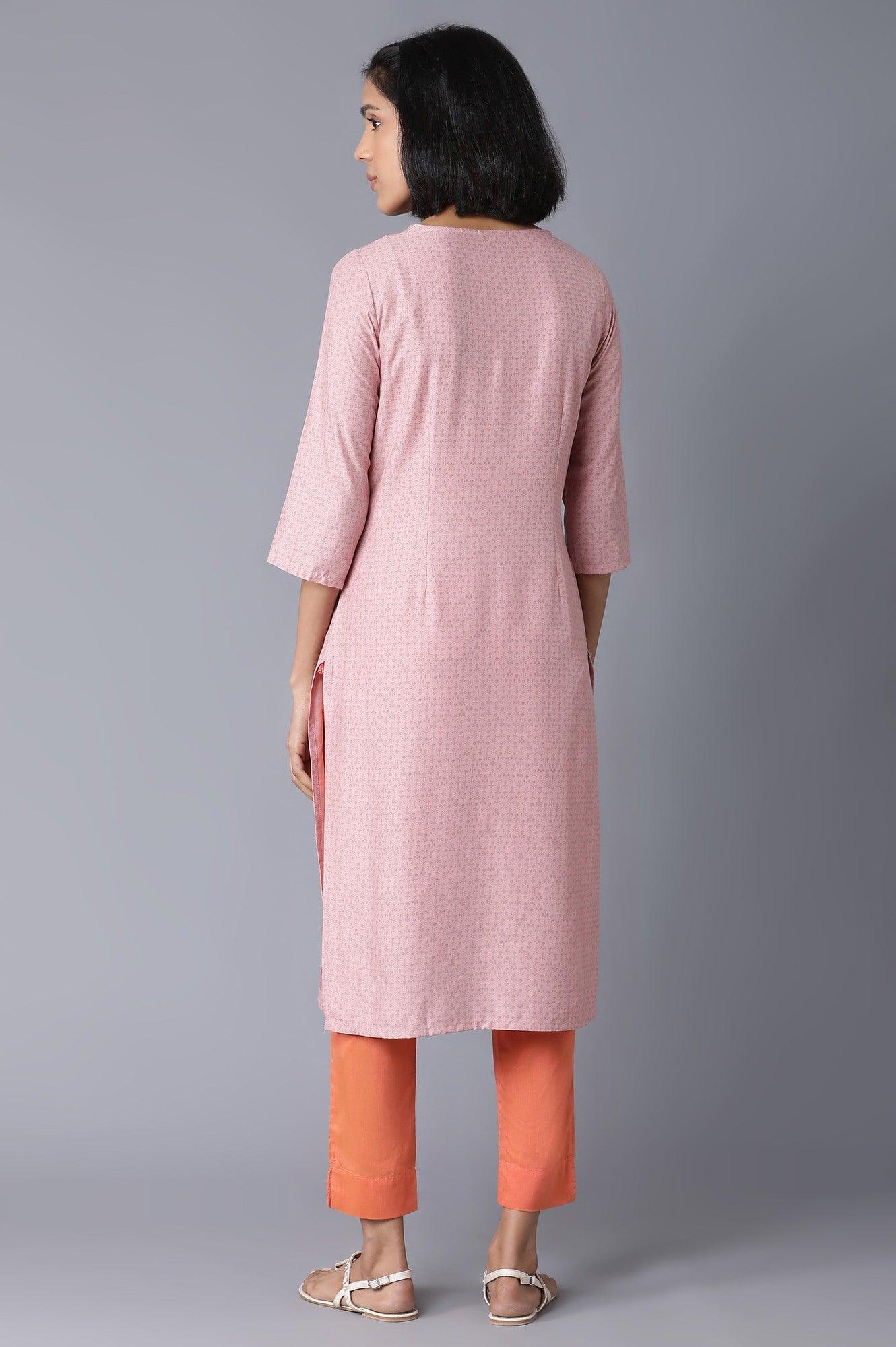 Light Pink Floral Print kurta With Thread Embroidery - wforwoman