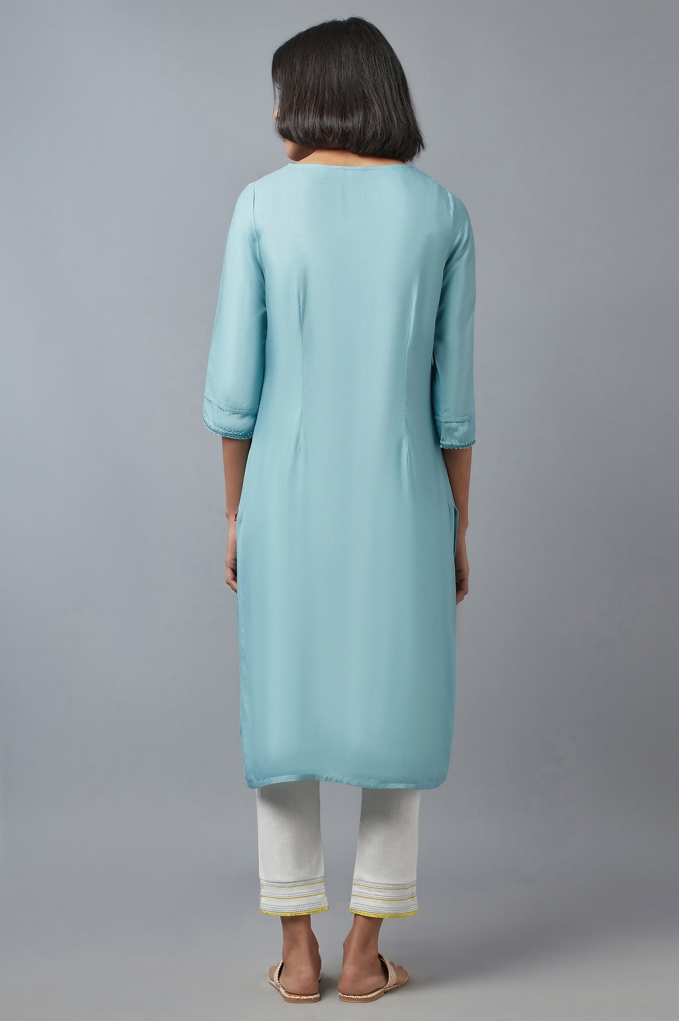 Aqua Blue Embroidered kurta with Lace Details