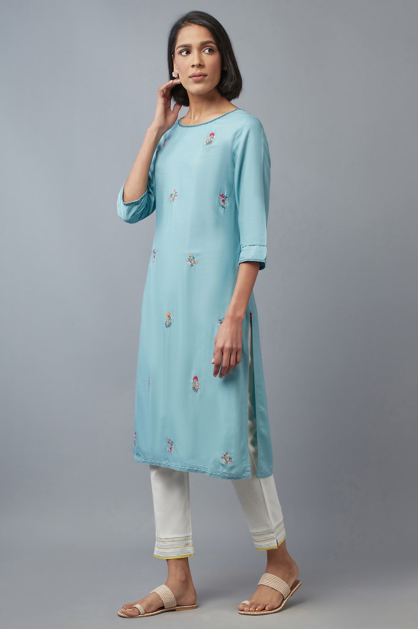 Aqua Blue Embroidered kurta with Lace Details