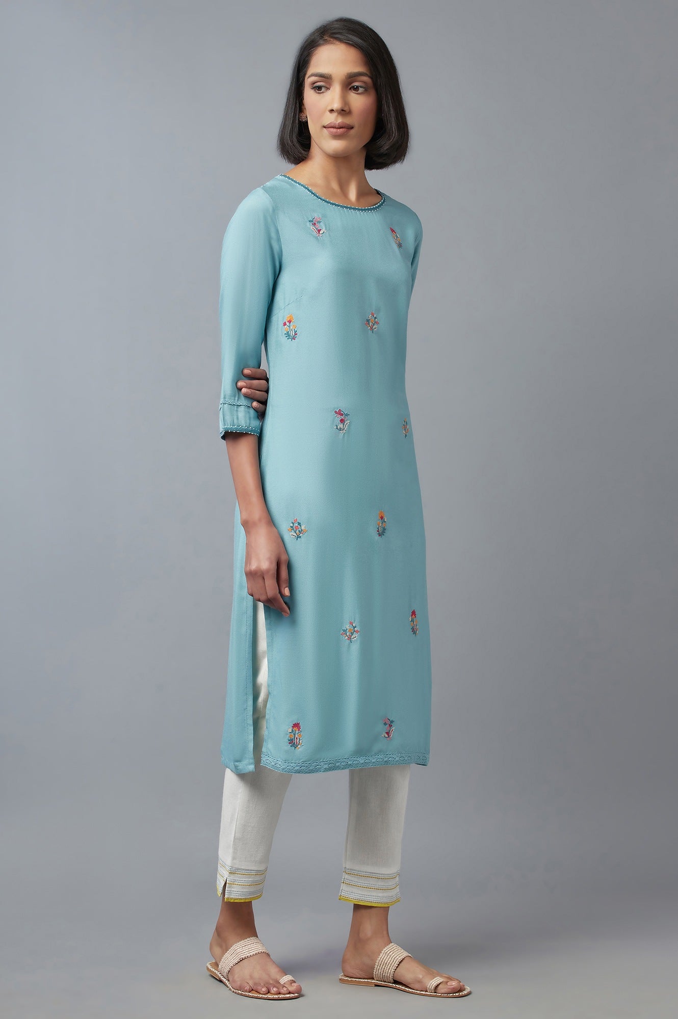 Aqua Blue Embroidered kurta with Lace Details