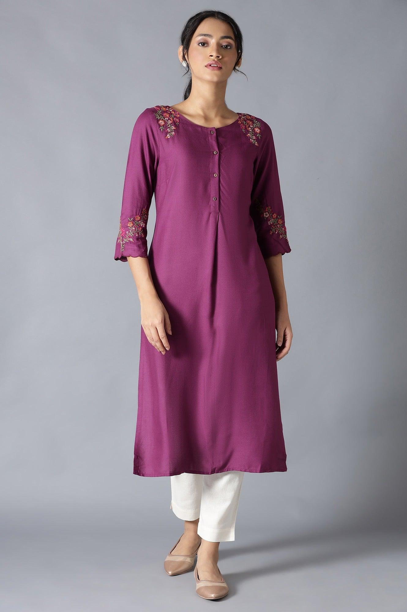 Dark Purple Solid kurta With Embroidery - wforwoman