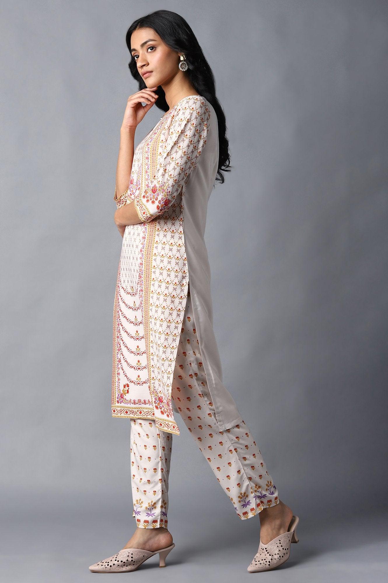 Ecru Round Neck kurta With Multicoloured Floral Print - wforwoman