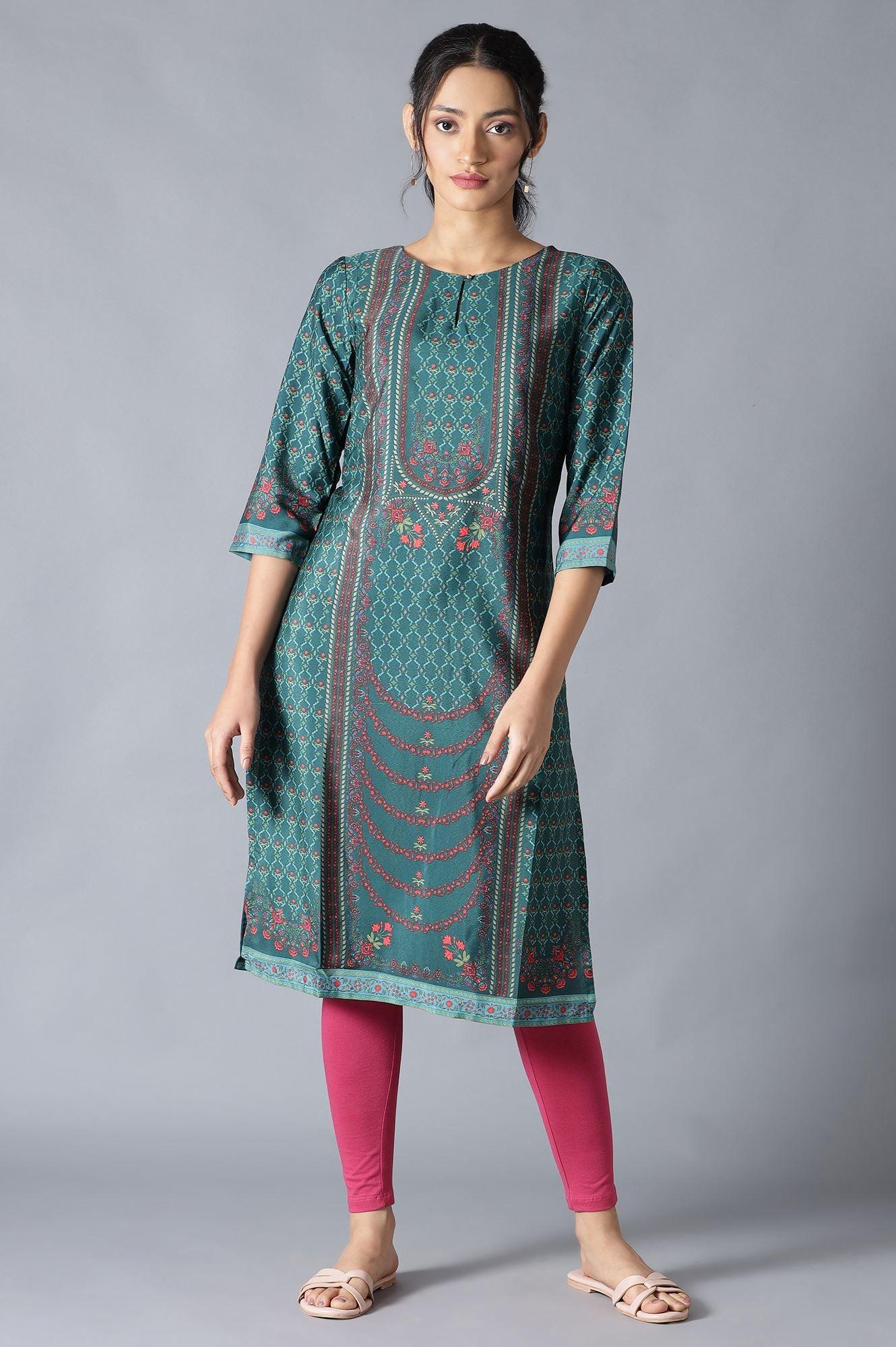 Dark Green Round Neck kurta With Multicoloured Floral Print - wforwoman