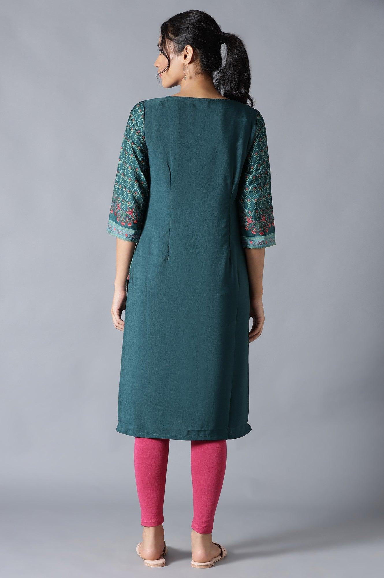 Dark Green Round Neck kurta With Multicoloured Floral Print - wforwoman