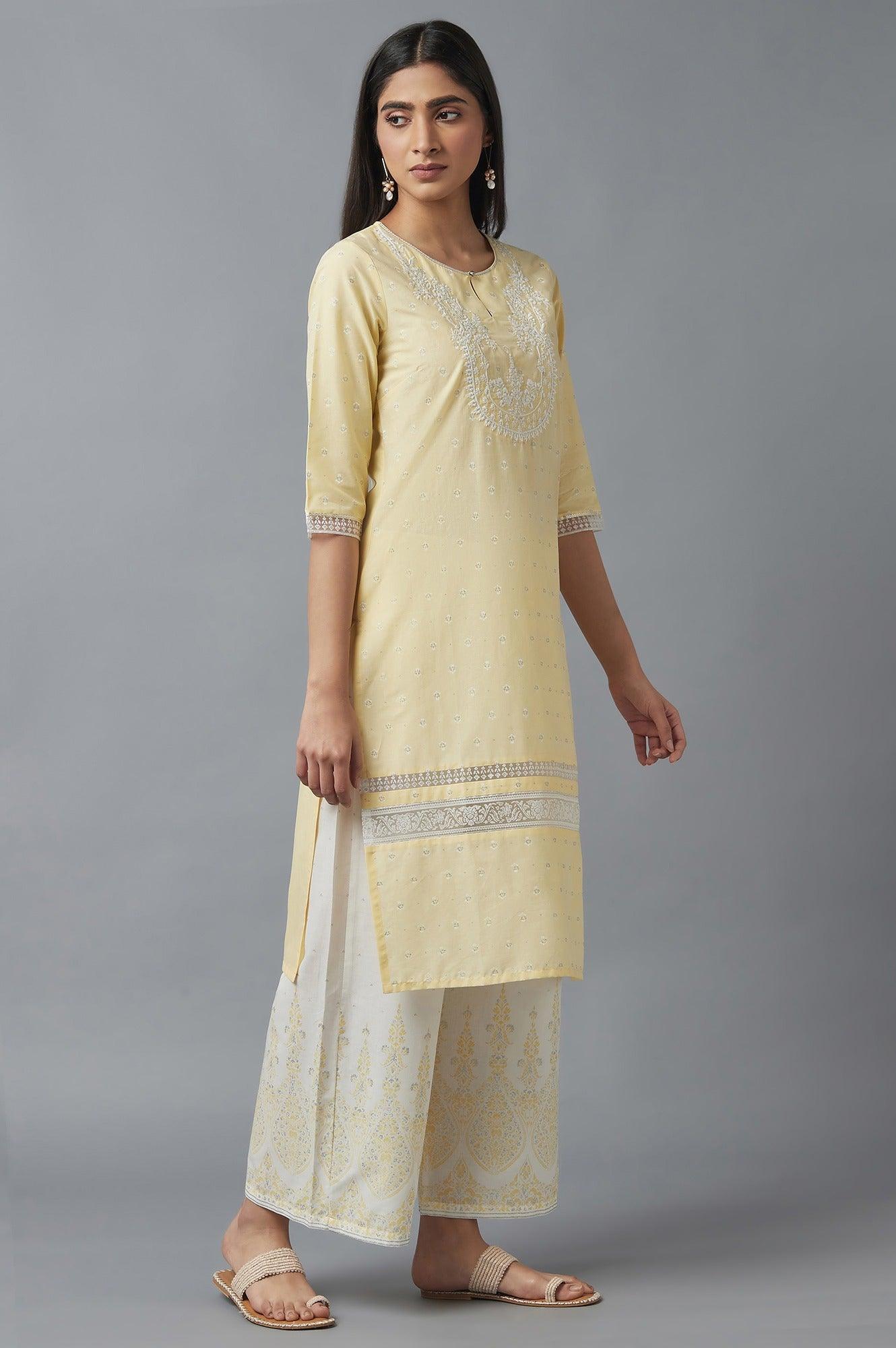 Yellow Embroidered kurta with Brasso Panels - wforwoman
