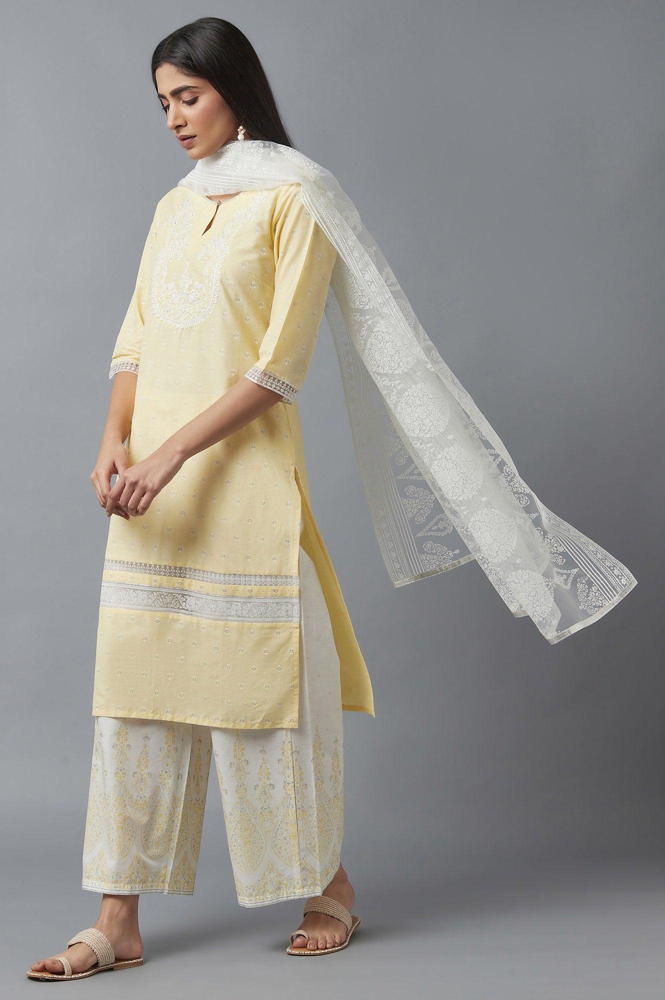 Yellow Embroidered kurta with Brasso Panels - wforwoman