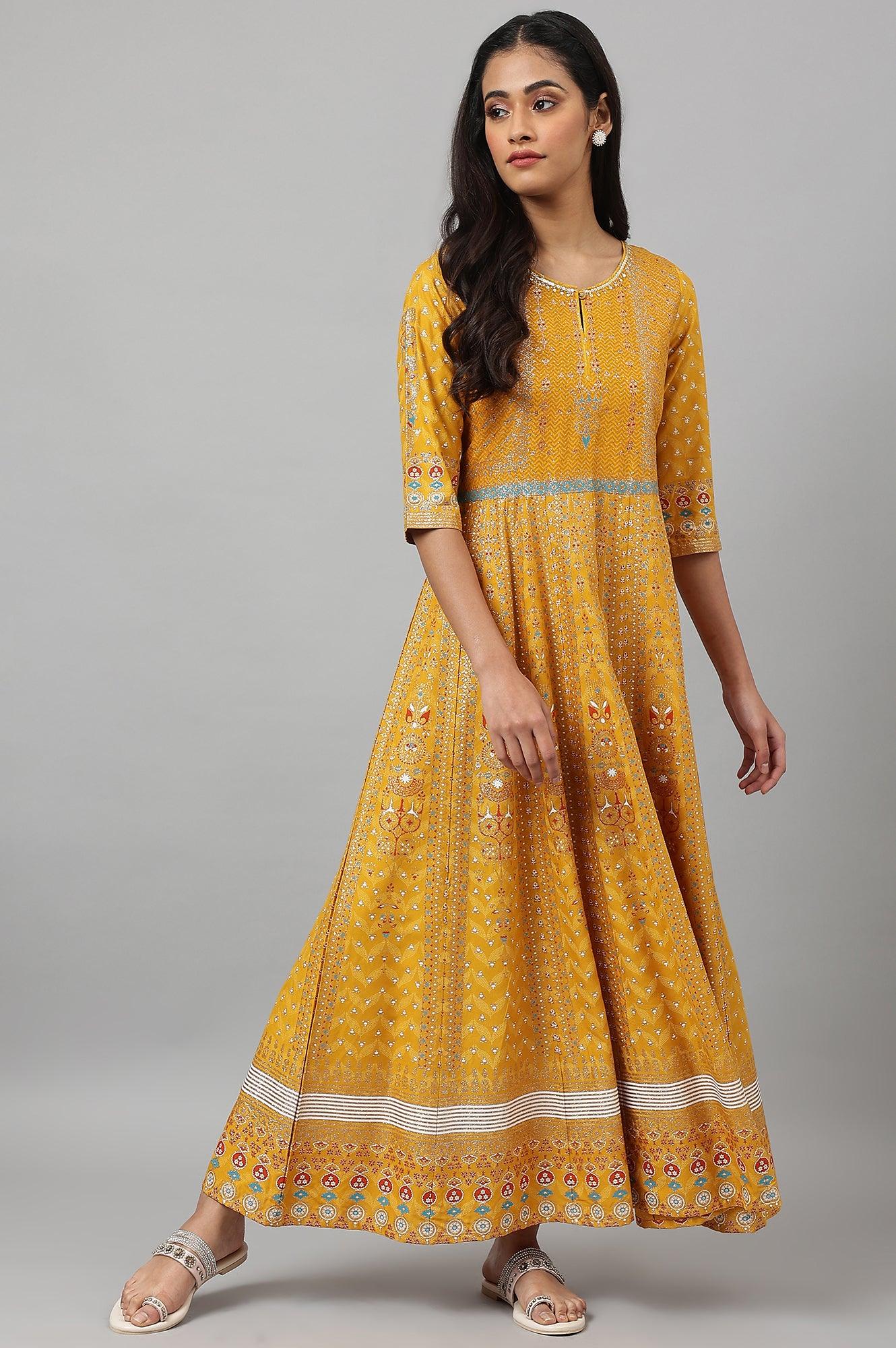 Mustard Floral Printed Kalidar Dress - wforwoman