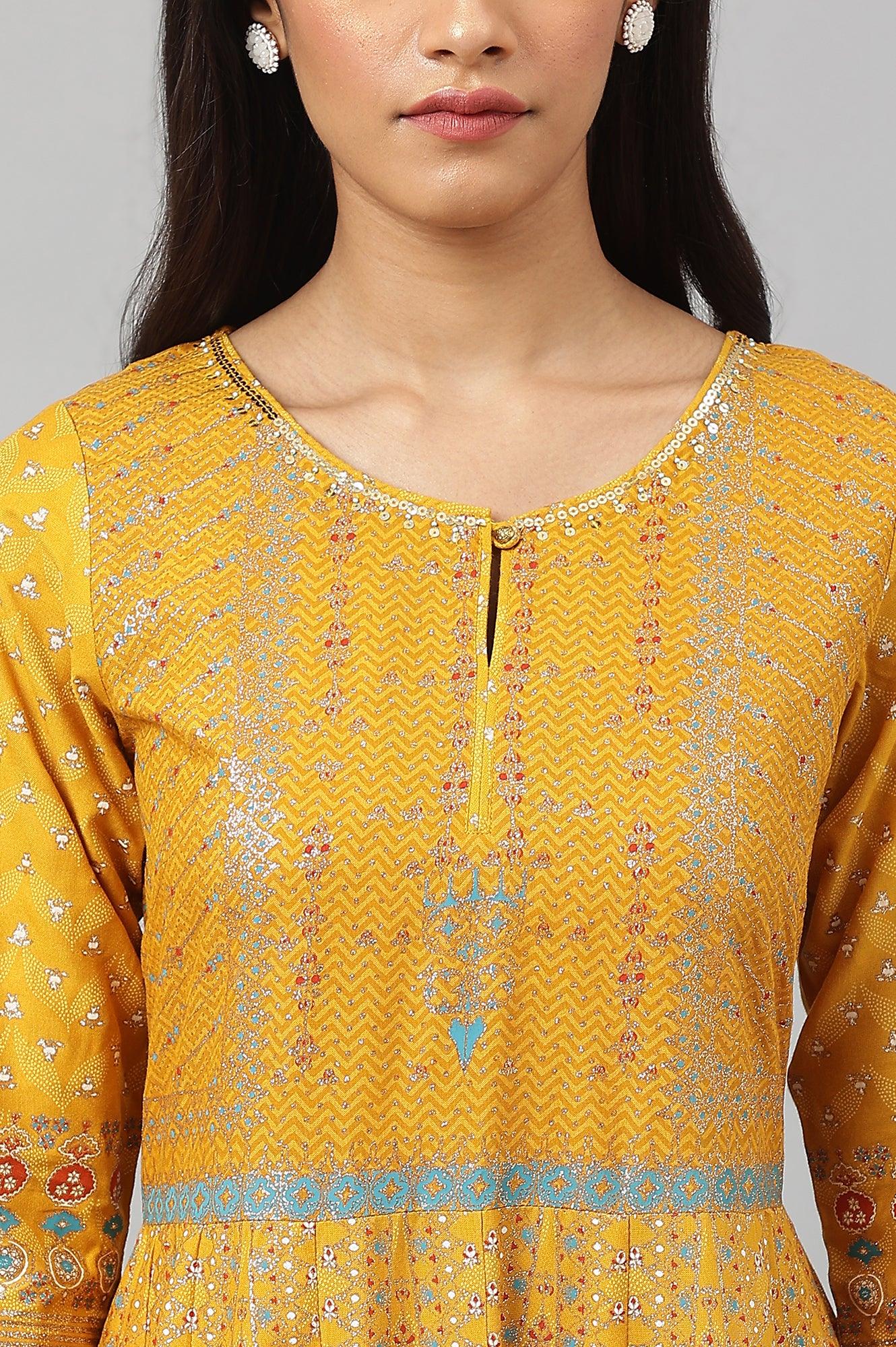 Mustard Floral Printed Kalidar Dress - wforwoman