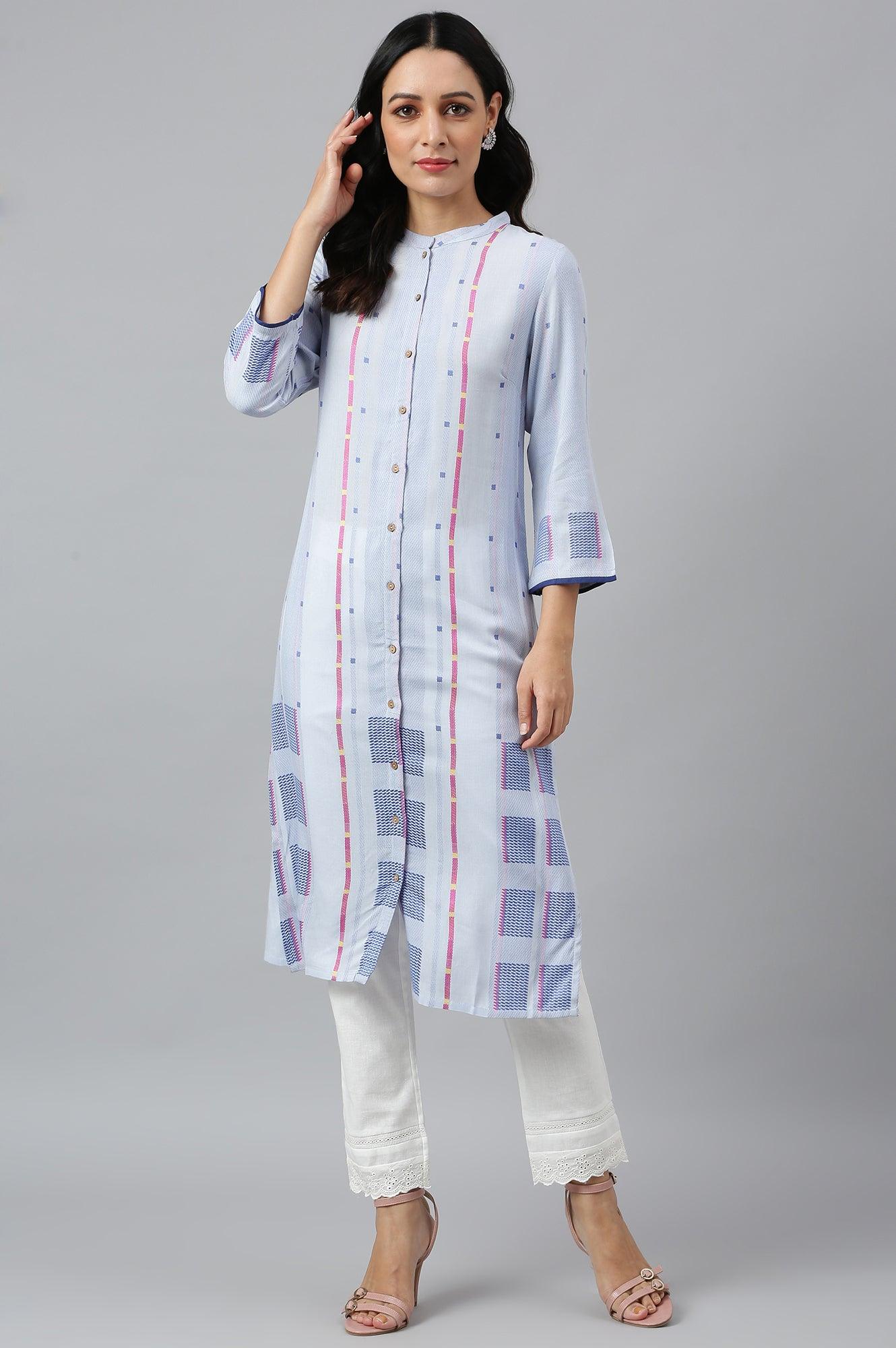 Light Blue Shirt kurta With Front Placket - wforwoman