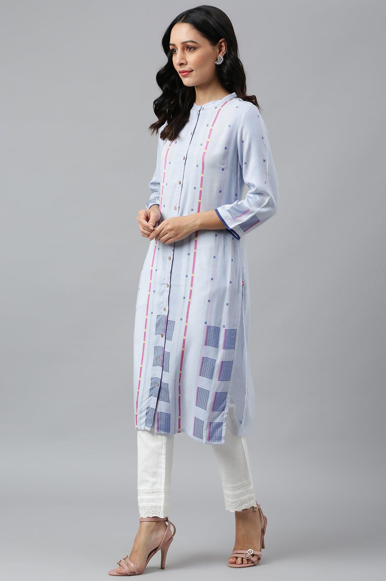 Light Blue Shirt kurta With Front Placket - wforwoman