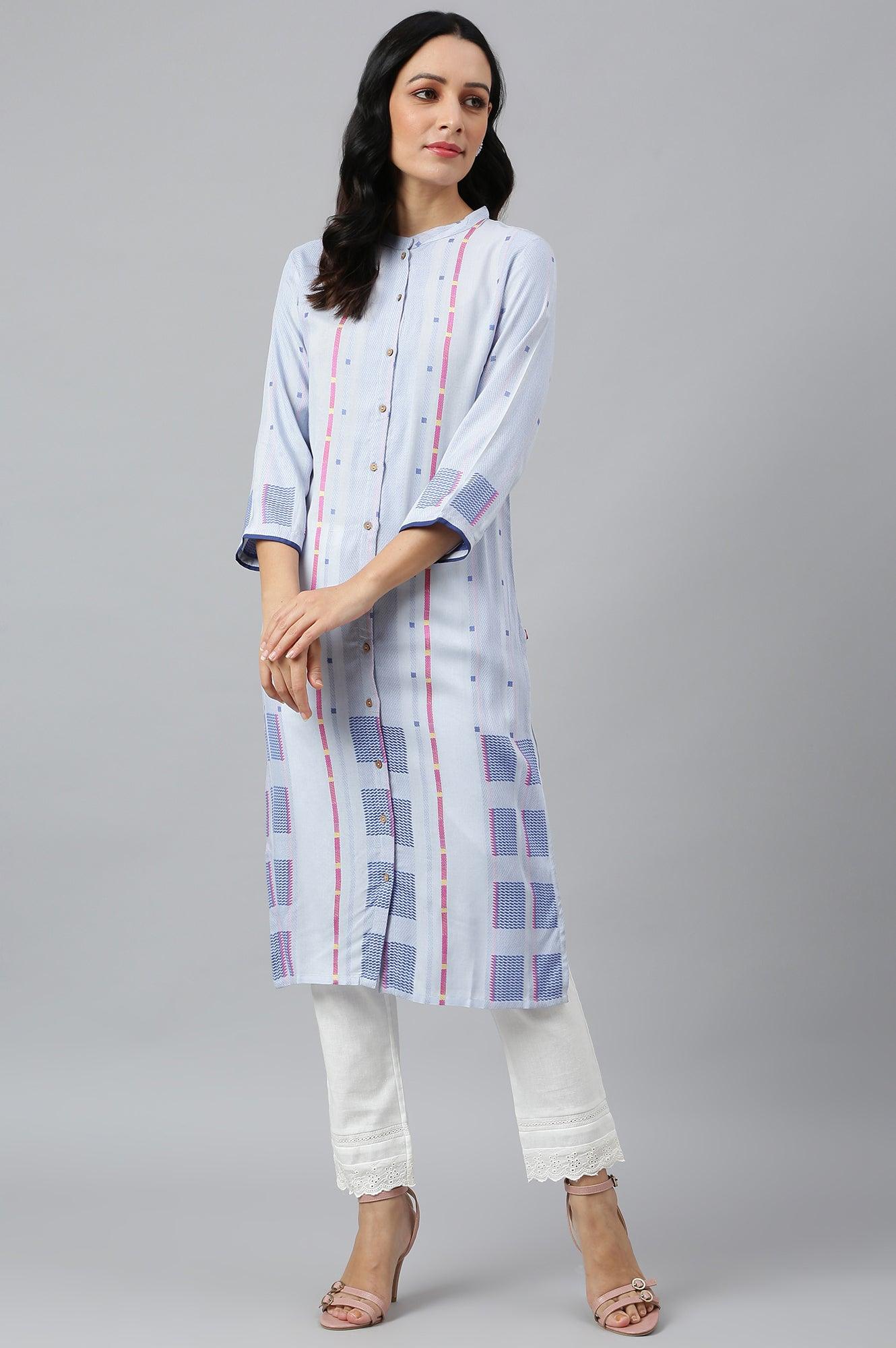 Light Blue Shirt kurta With Front Placket - wforwoman