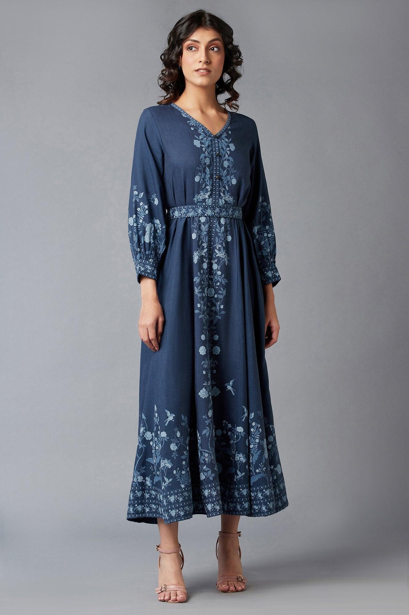 Navy Blue Printed Dress - wforwoman