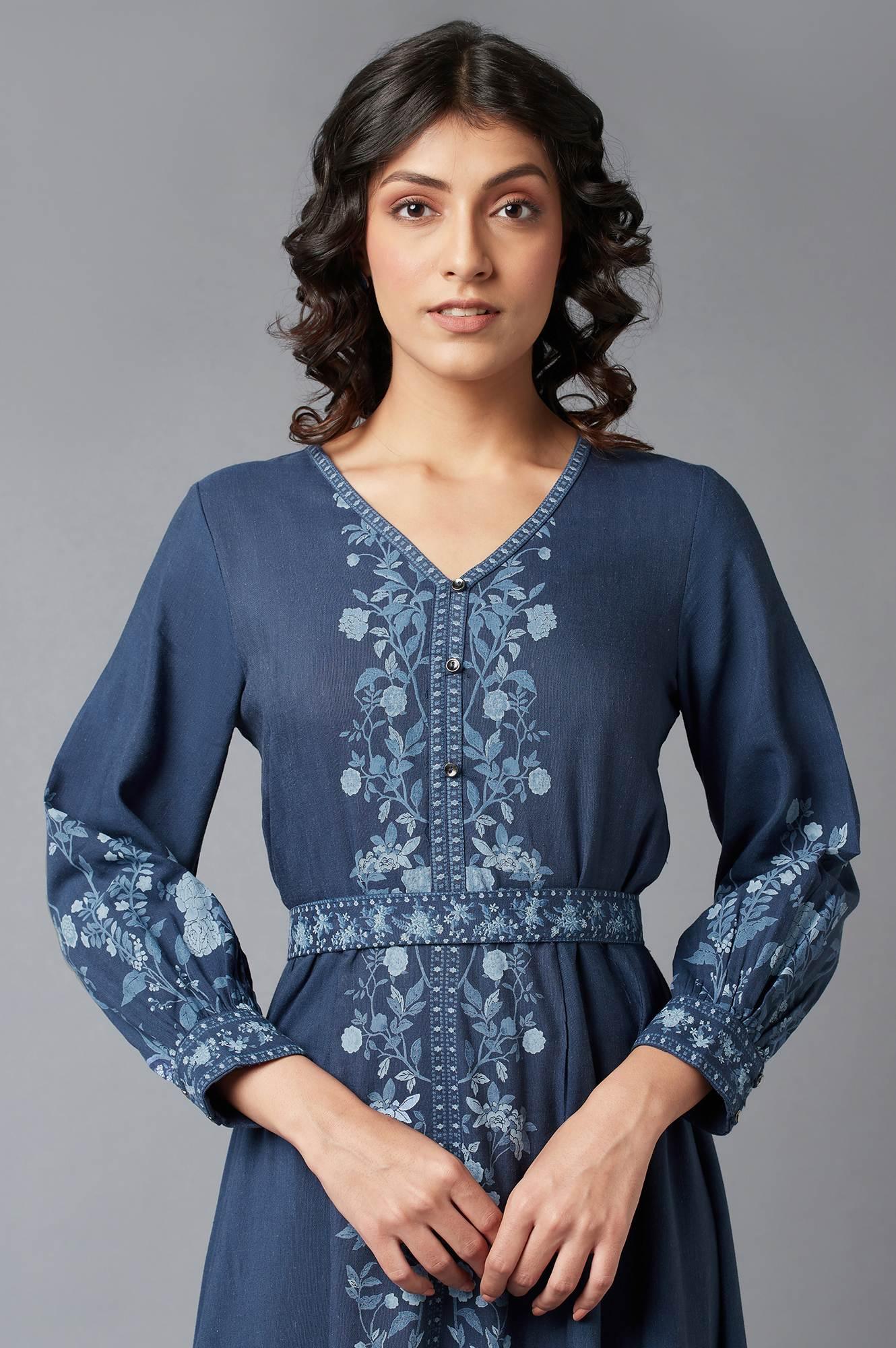 Navy Blue Printed Dress - wforwoman