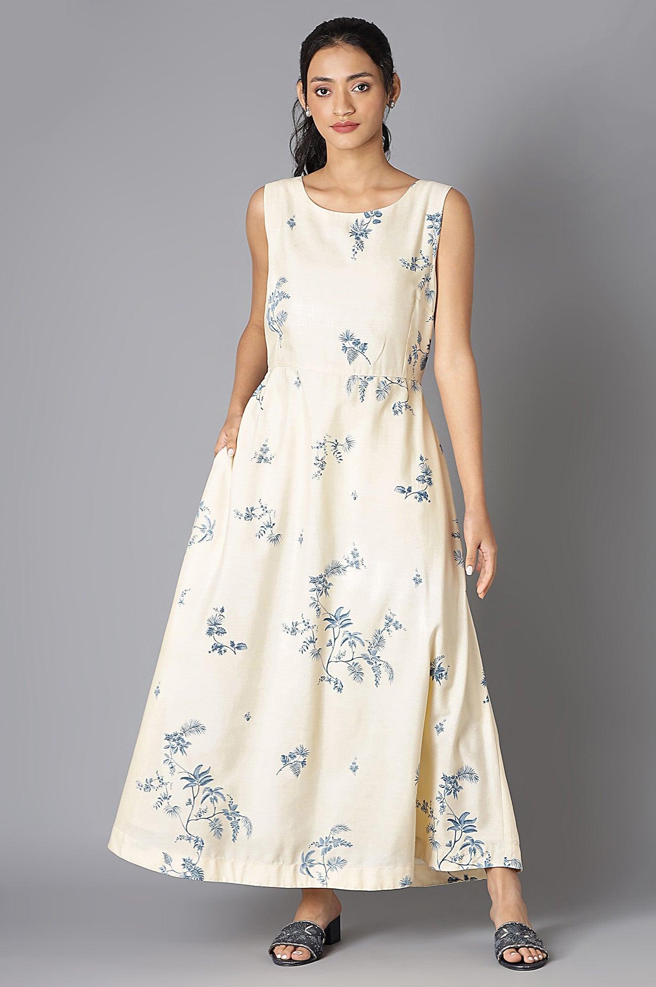 Buy Ecru Floral Sleeveless Dress In Round Neck 3299 W for