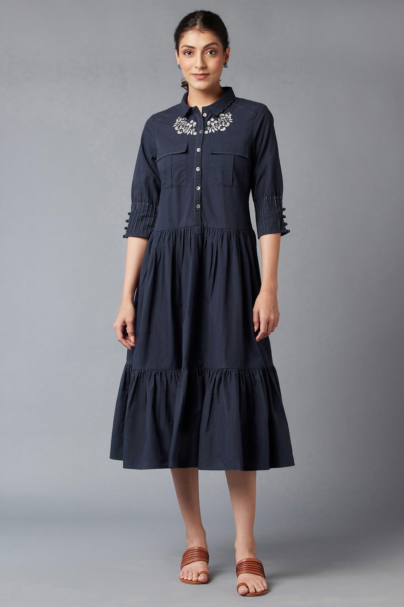 Buy Navy Blue Embroidered Cotton Dress 3999 W for woman
