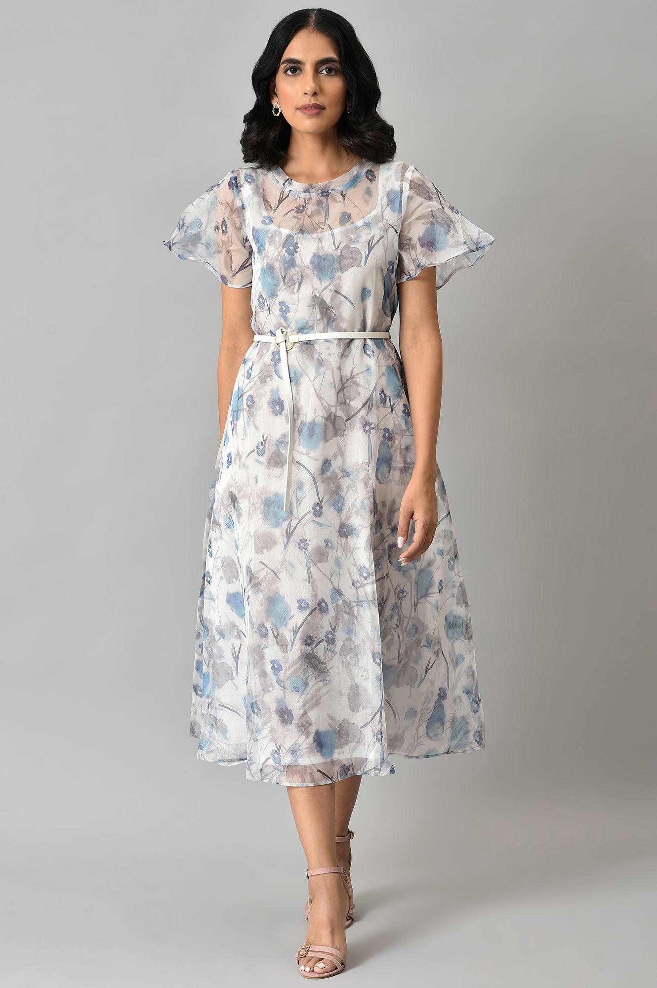 Light Blue Floral Organza Dress With Inner - wforwoman