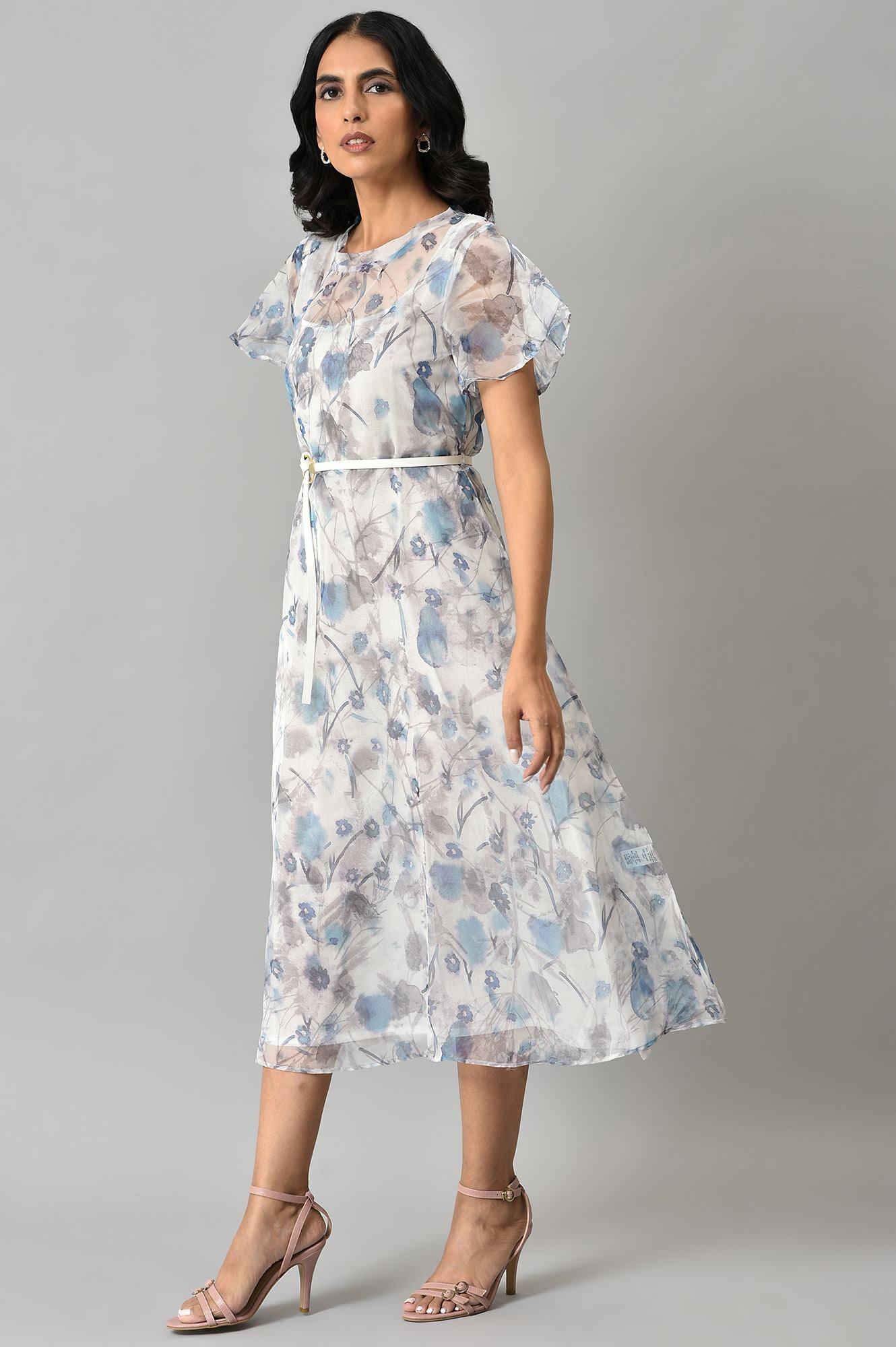 Light Blue Floral Organza Dress With Inner - wforwoman