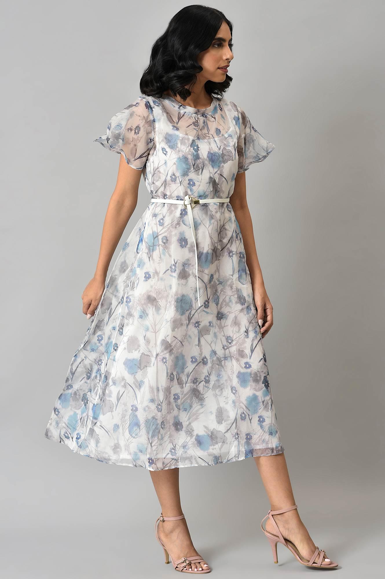 Light Blue Floral Organza Dress With Inner - wforwoman