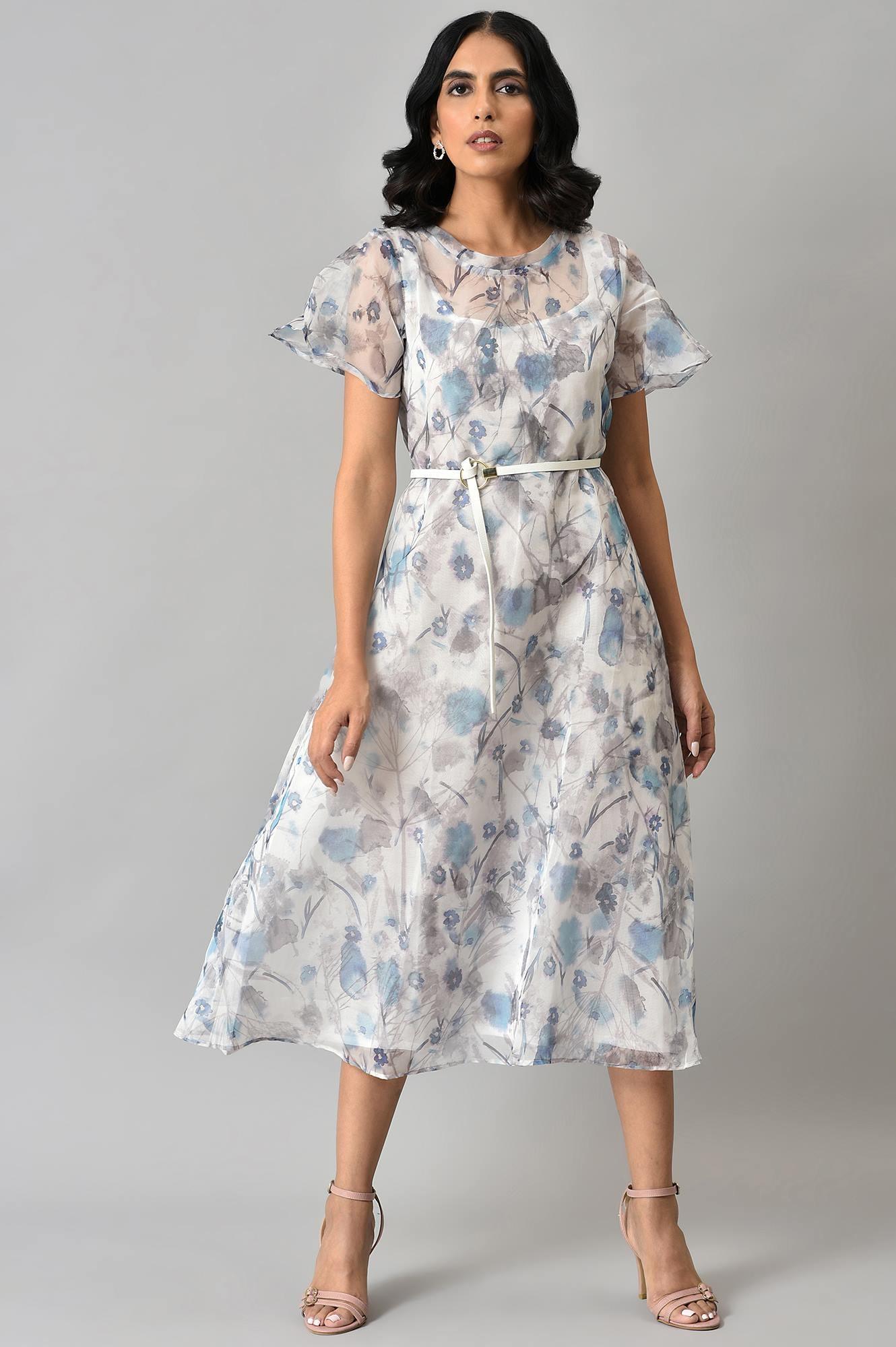 Light Blue Floral Organza Dress With Inner - wforwoman