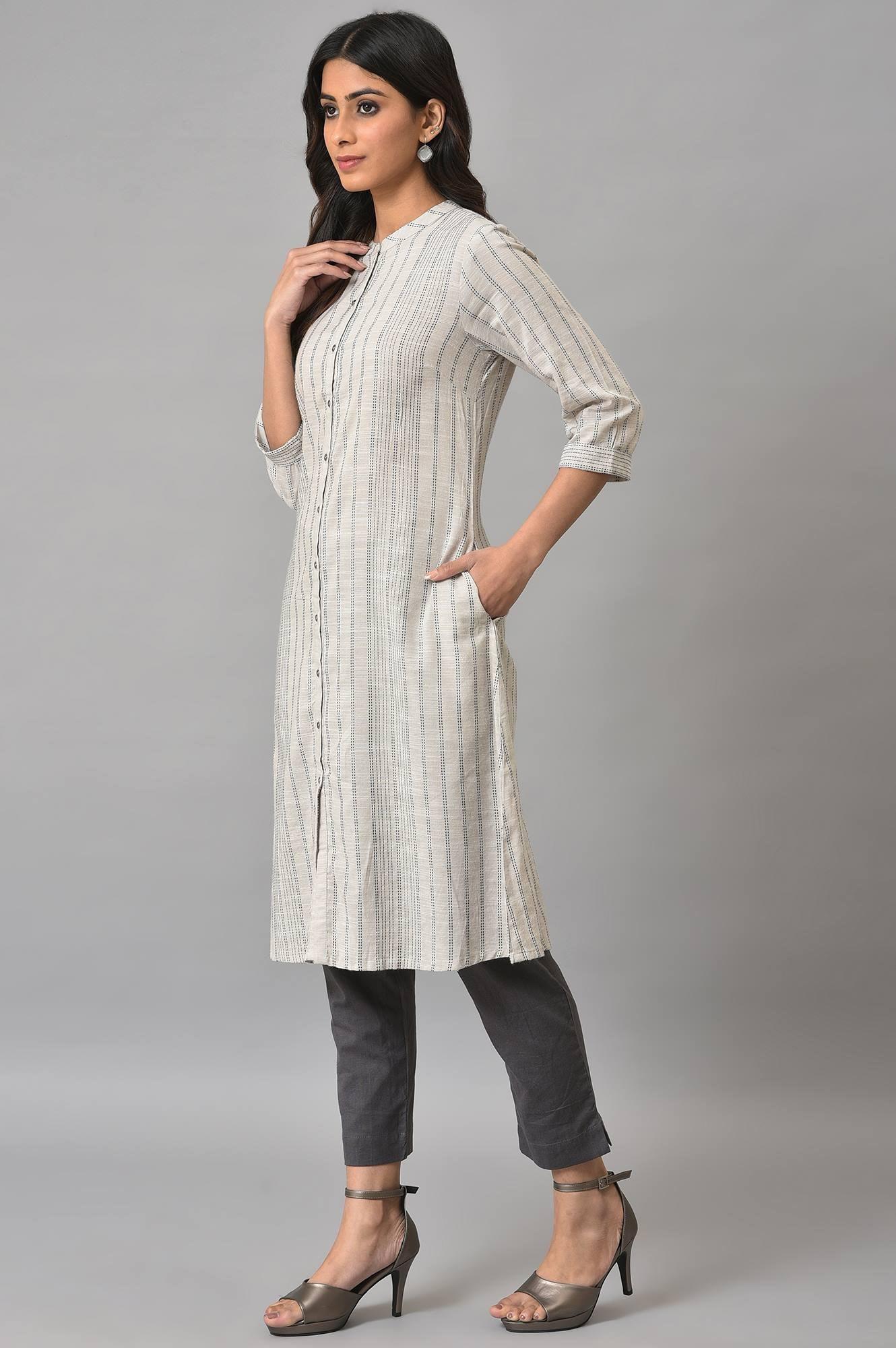 Ecru Button Down Printed kurta - wforwoman