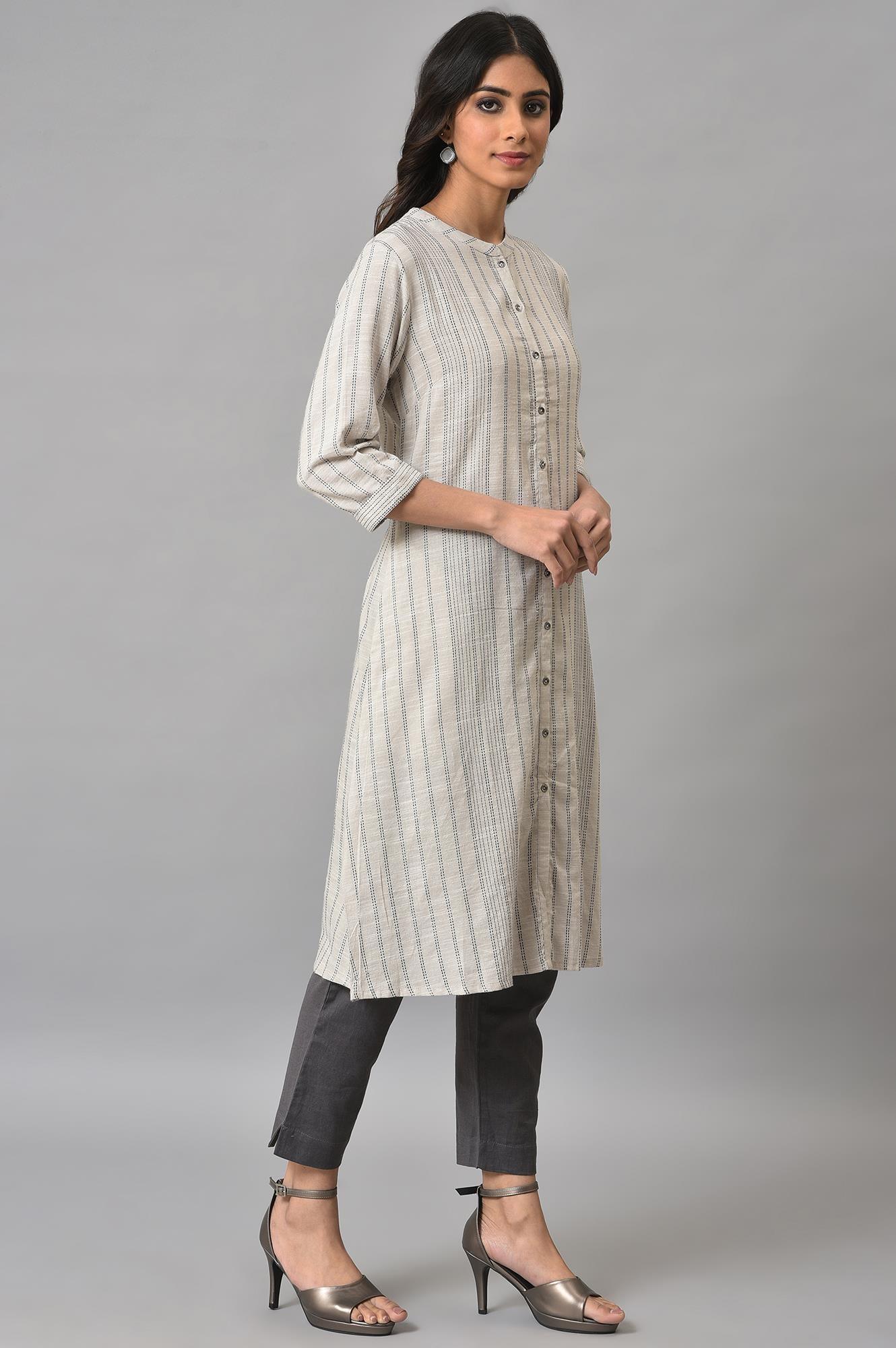 Ecru Button Down Printed kurta - wforwoman