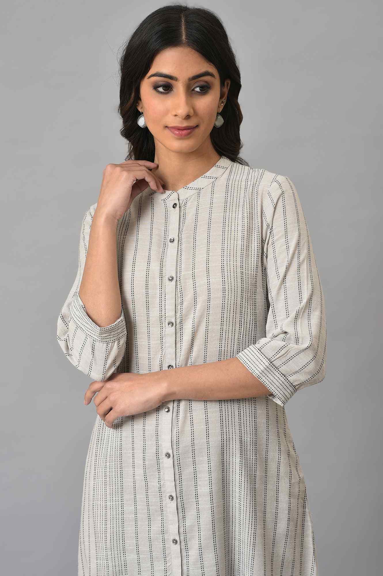 Ecru Button Down Printed kurta - wforwoman