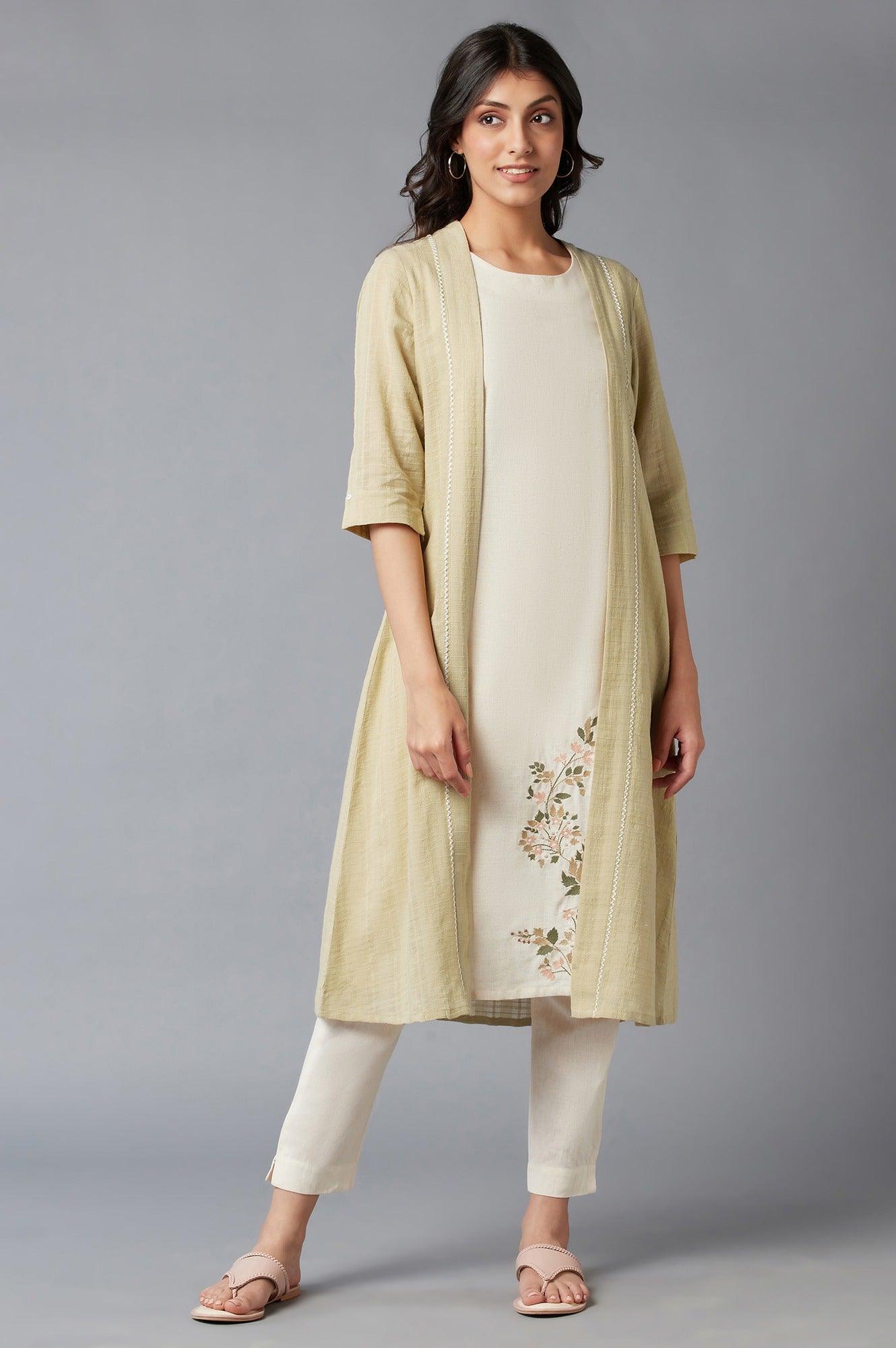 Ecru kurta With Wheat Yellow Jacket - wforwoman