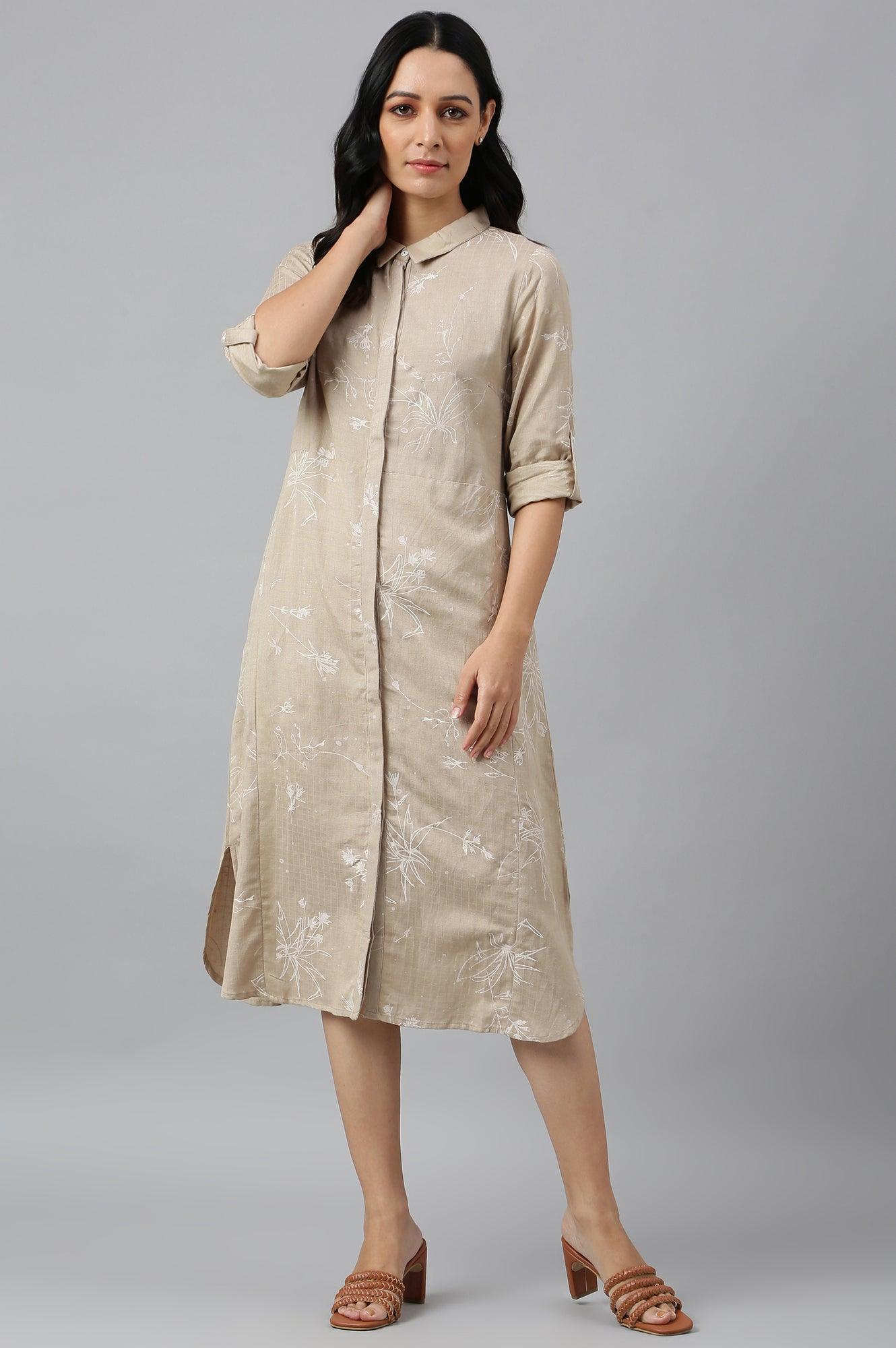 Beige Floral Print Shirt Dress - wforwoman