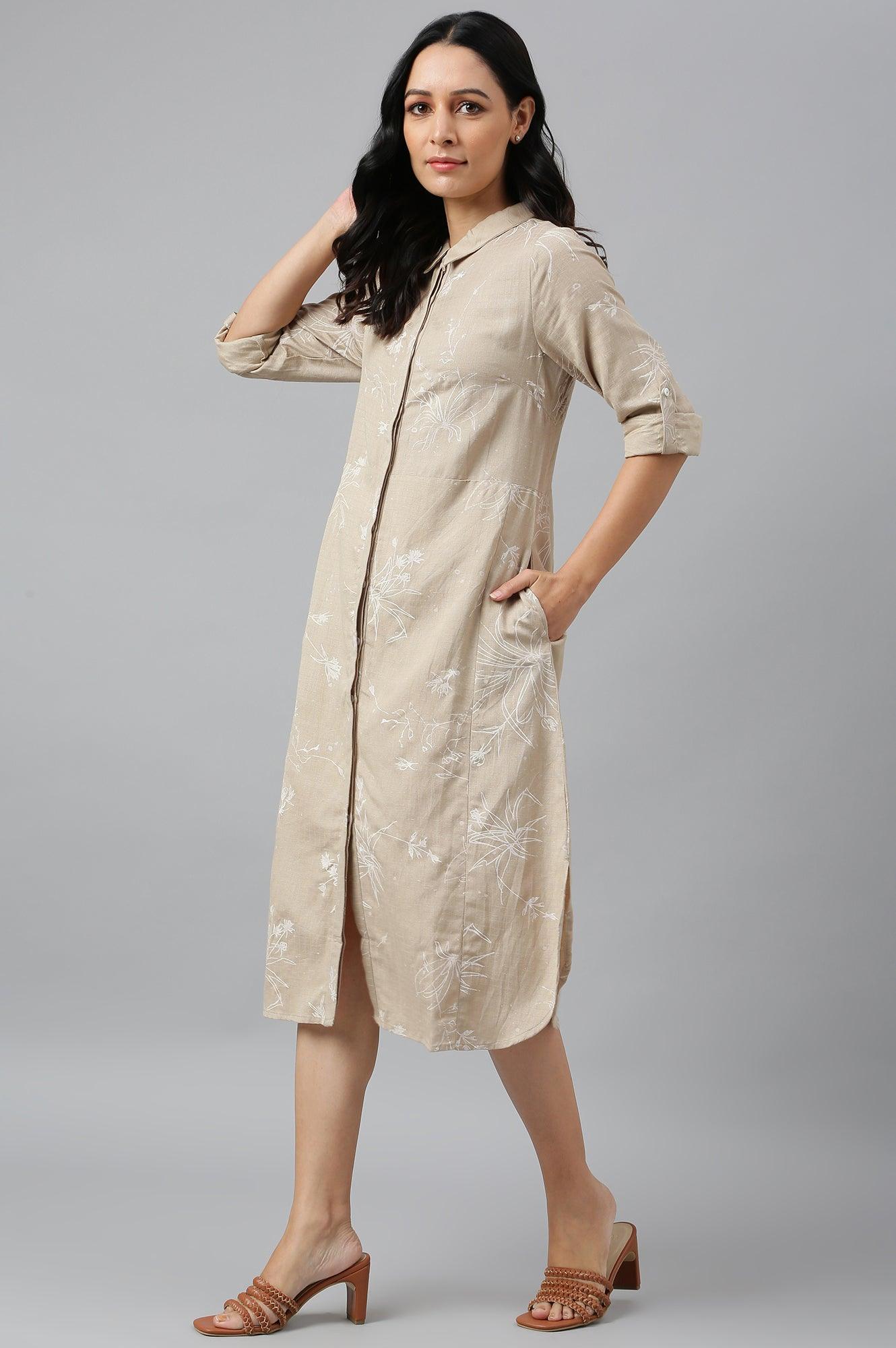 Beige Floral Print Shirt Dress - wforwoman
