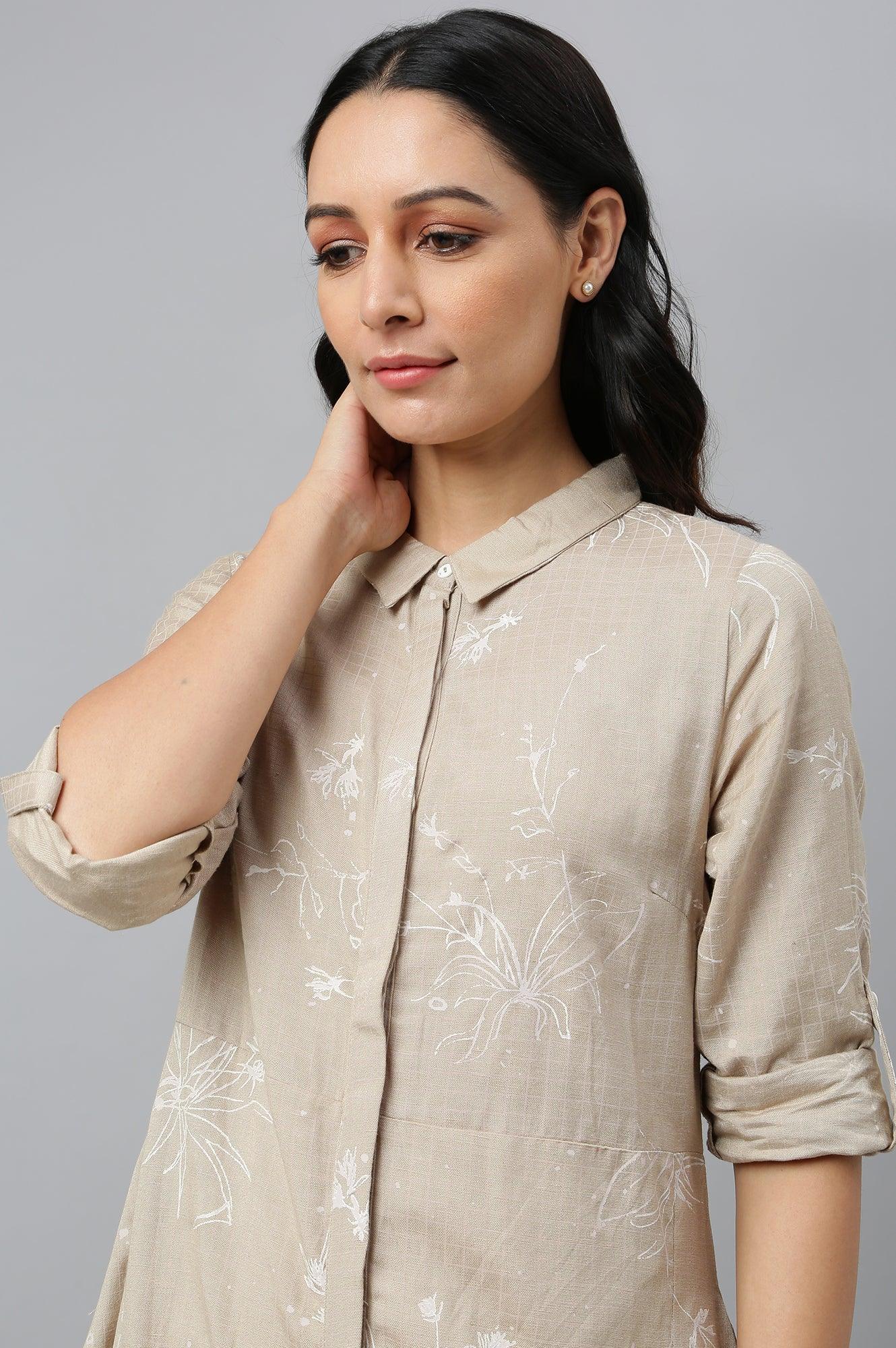 Beige Floral Print Shirt Dress - wforwoman