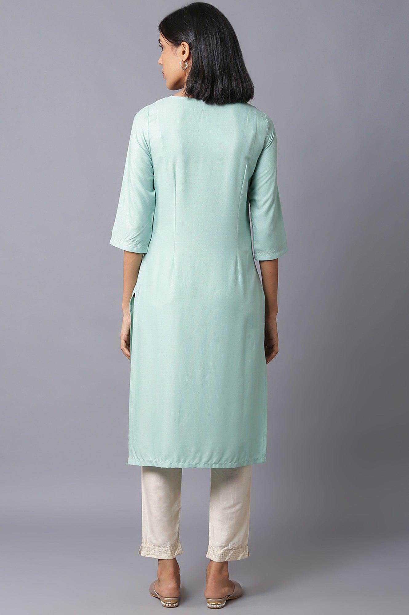 Teal Blue Jacquard kurta With Embroidered Yoke - wforwoman