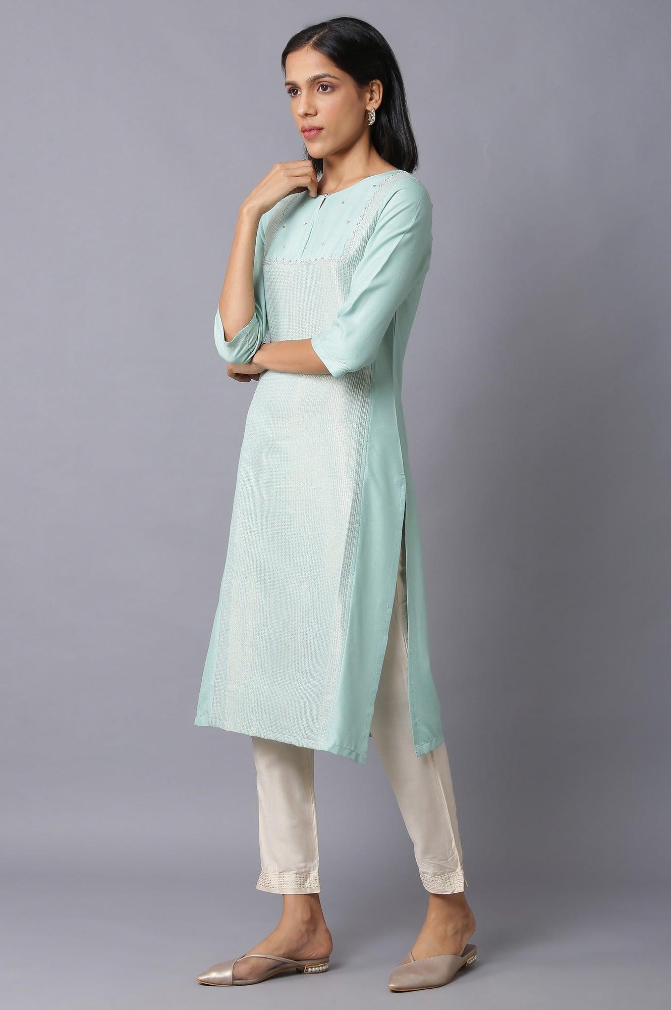 Teal Blue Jacquard kurta With Embroidered Yoke - wforwoman