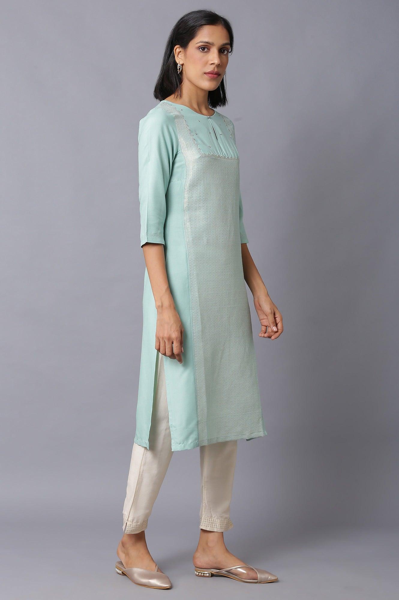 Teal Blue Jacquard kurta With Embroidered Yoke - wforwoman