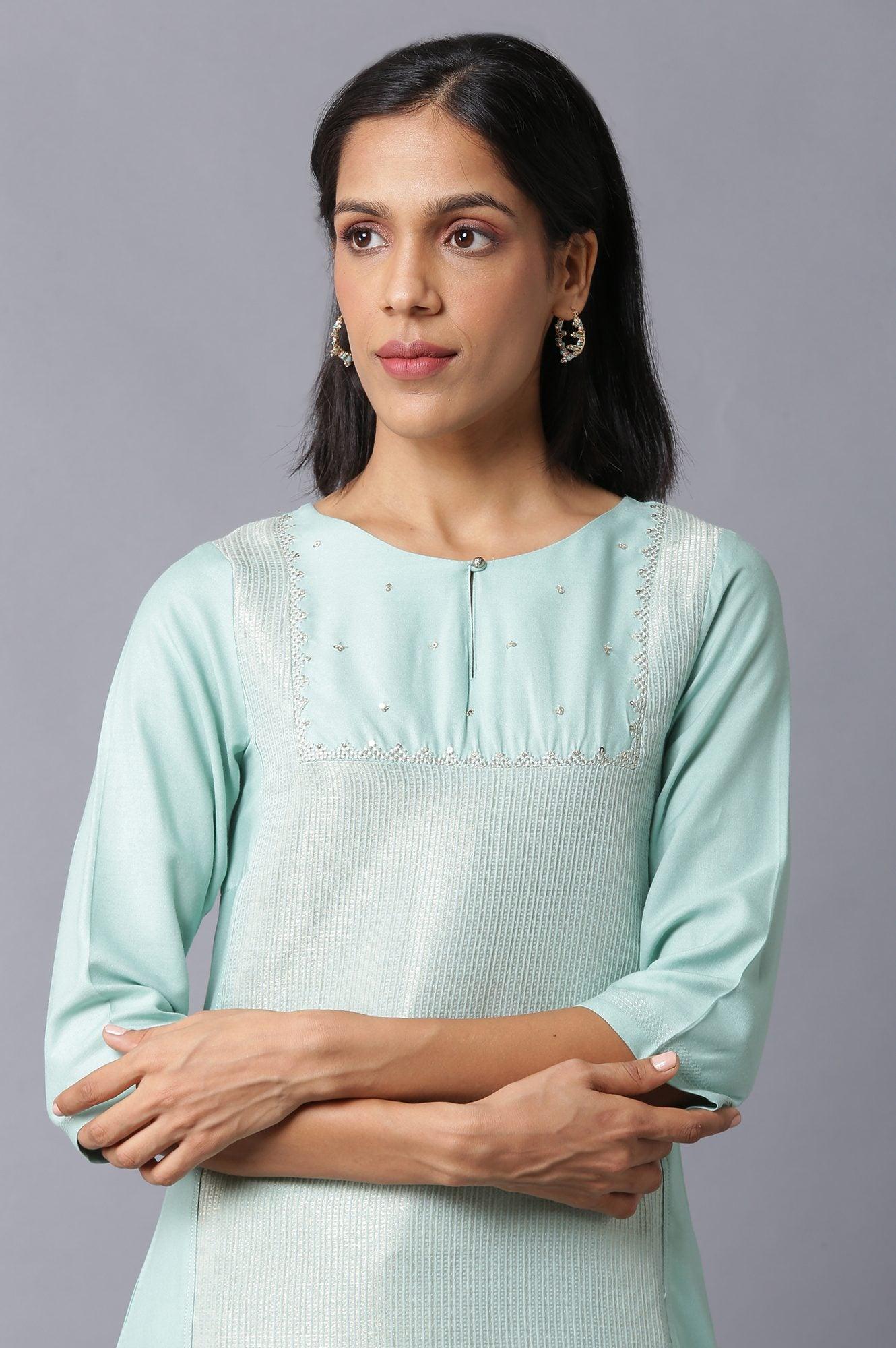 Teal Blue Jacquard kurta With Embroidered Yoke - wforwoman