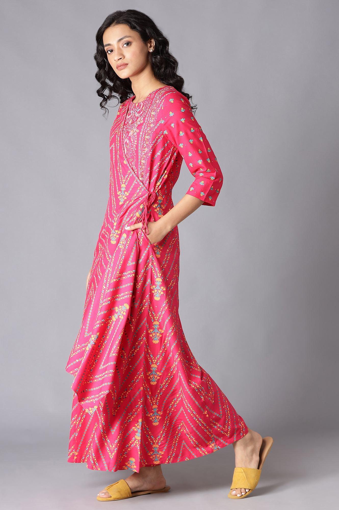 Dark Pink Angrakha Jumpsuit In Round Neck - wforwoman