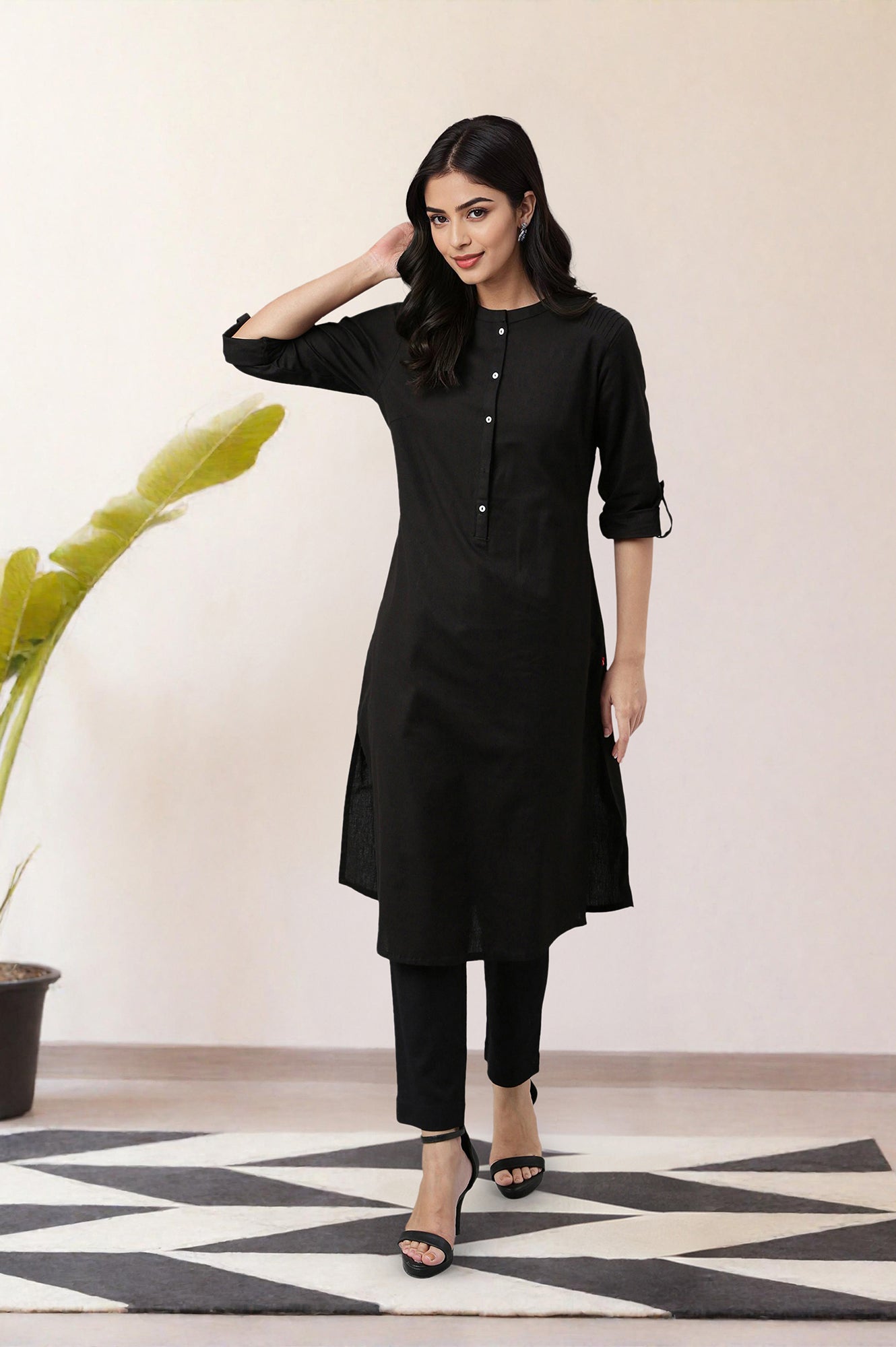 Jet Black Half Placket Shirt kurta