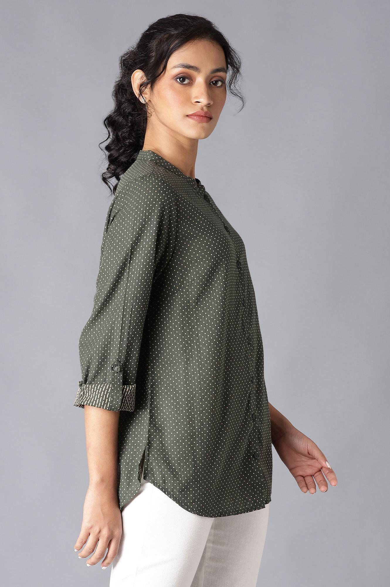 Dark Green Cotton Dobby Textured Shirt - wforwoman