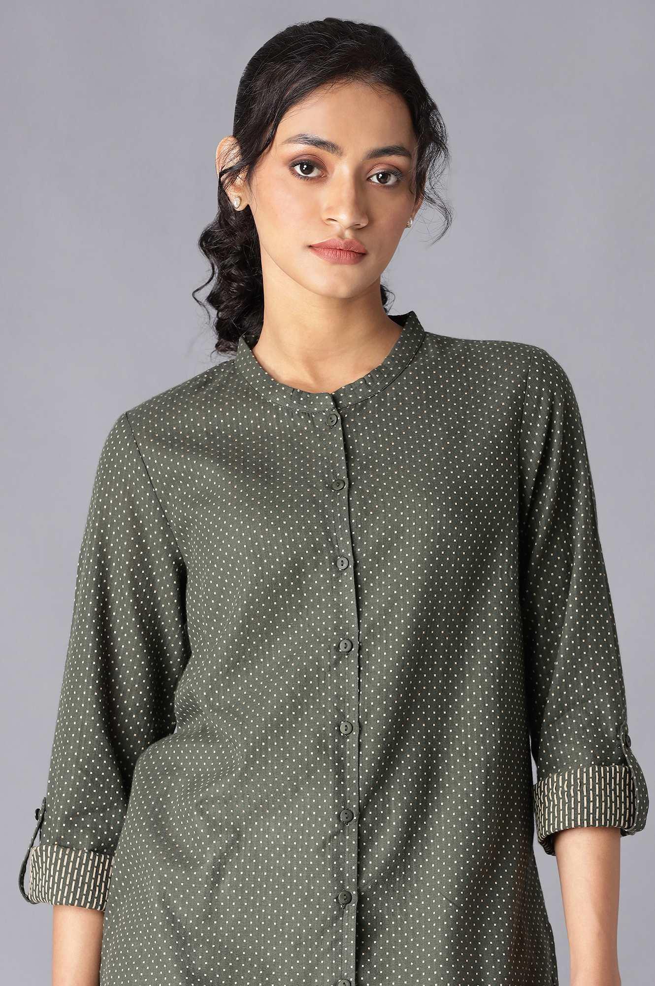 Dark Green Cotton Dobby Textured Shirt - wforwoman
