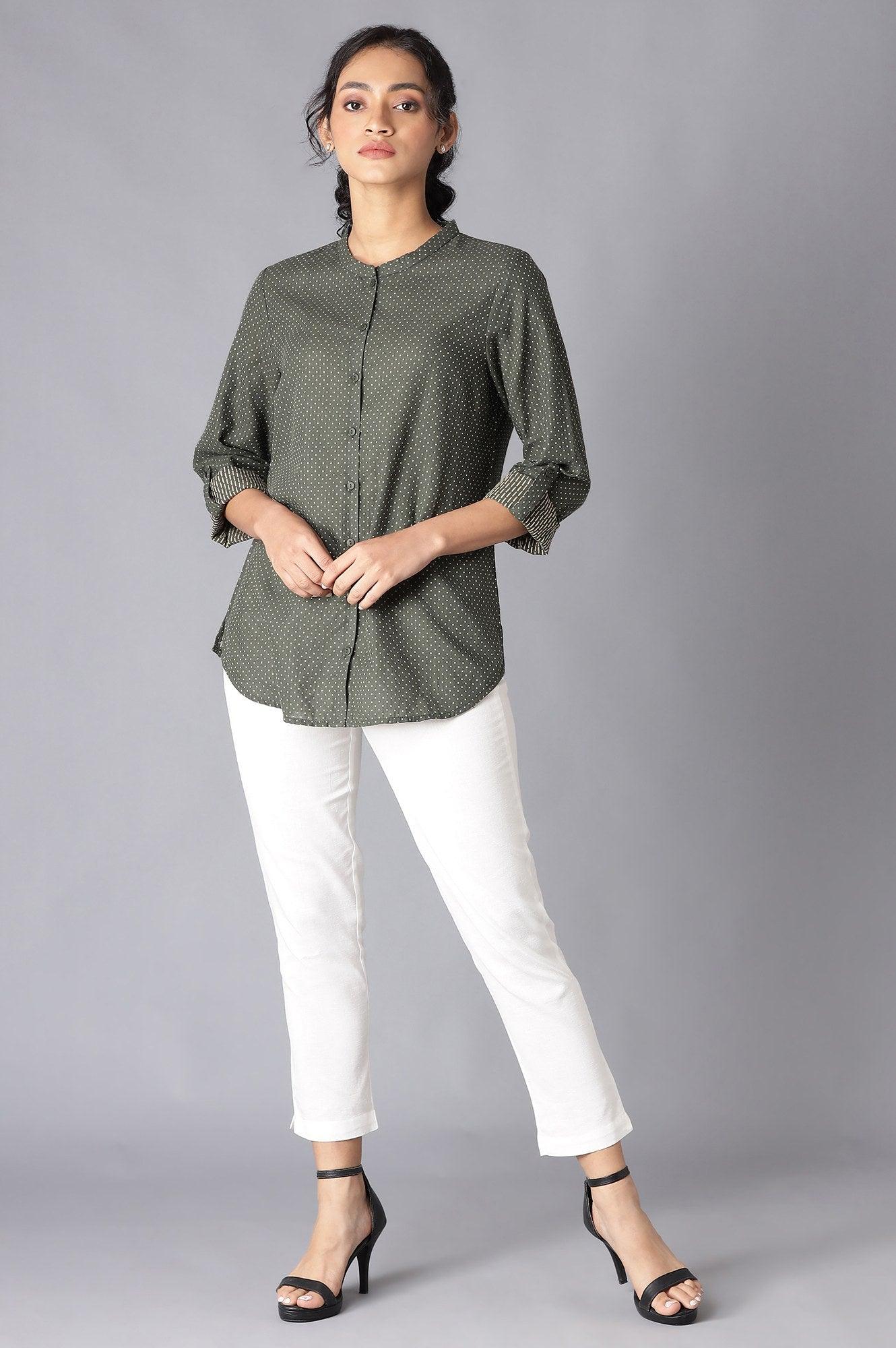 Dark Green Cotton Dobby Textured Shirt - wforwoman