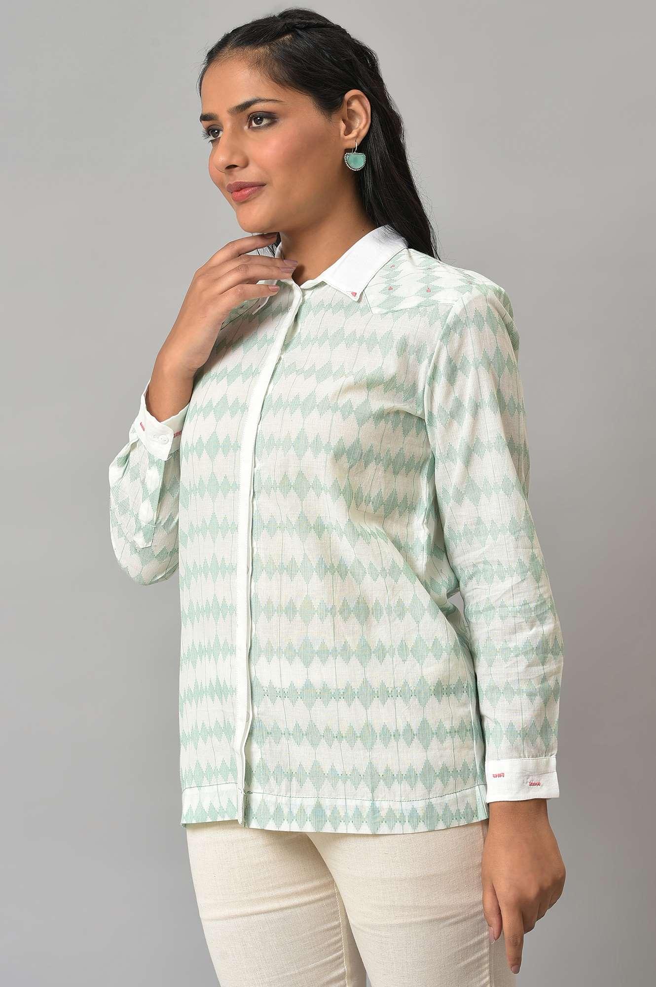 White And Green Dobby Textured Shirt - wforwoman
